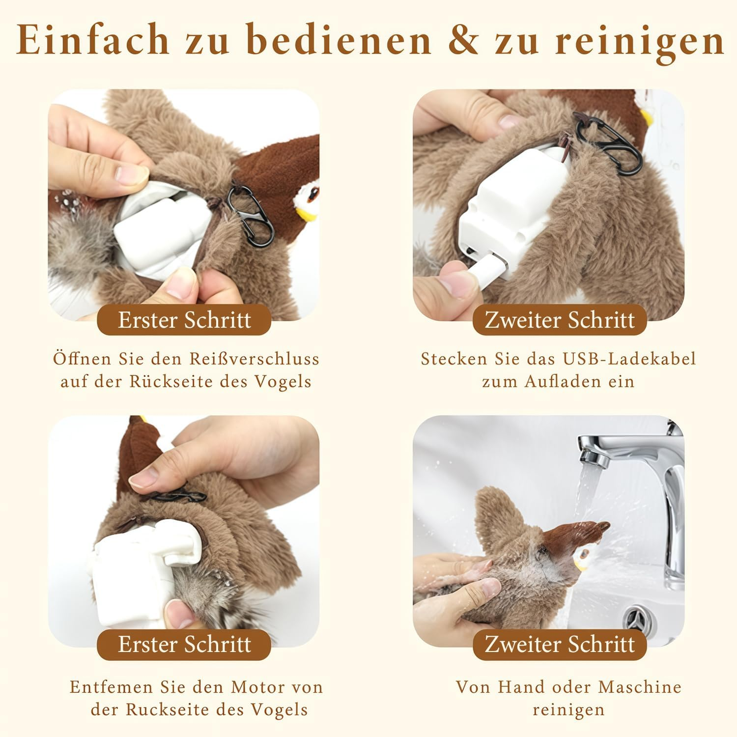 Anleitung: Reißverschluss öffnen, Motor entfernen, aufladen und reinigen.