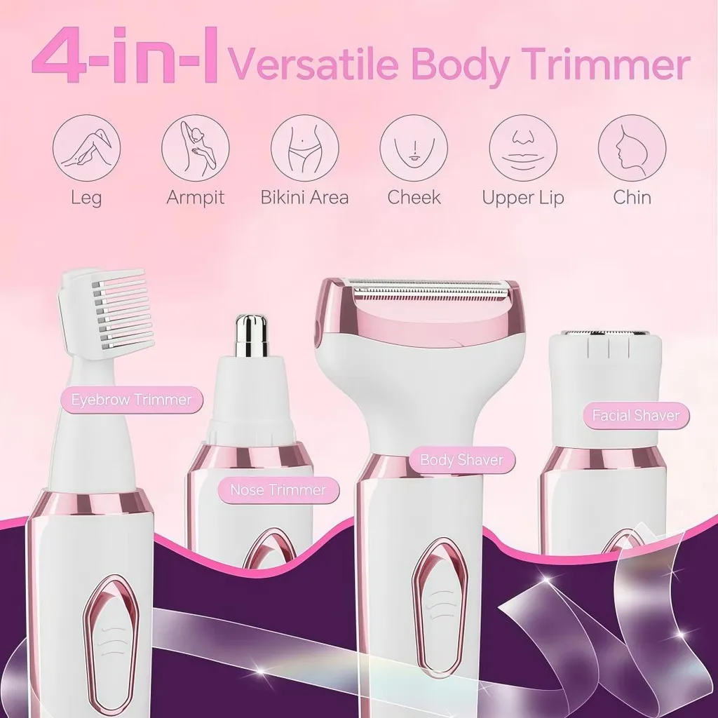 Ein 4-in-1 Körpertrimmer mit Aufsätzen für Augenbrauen, Nase, Körper und Gesicht.