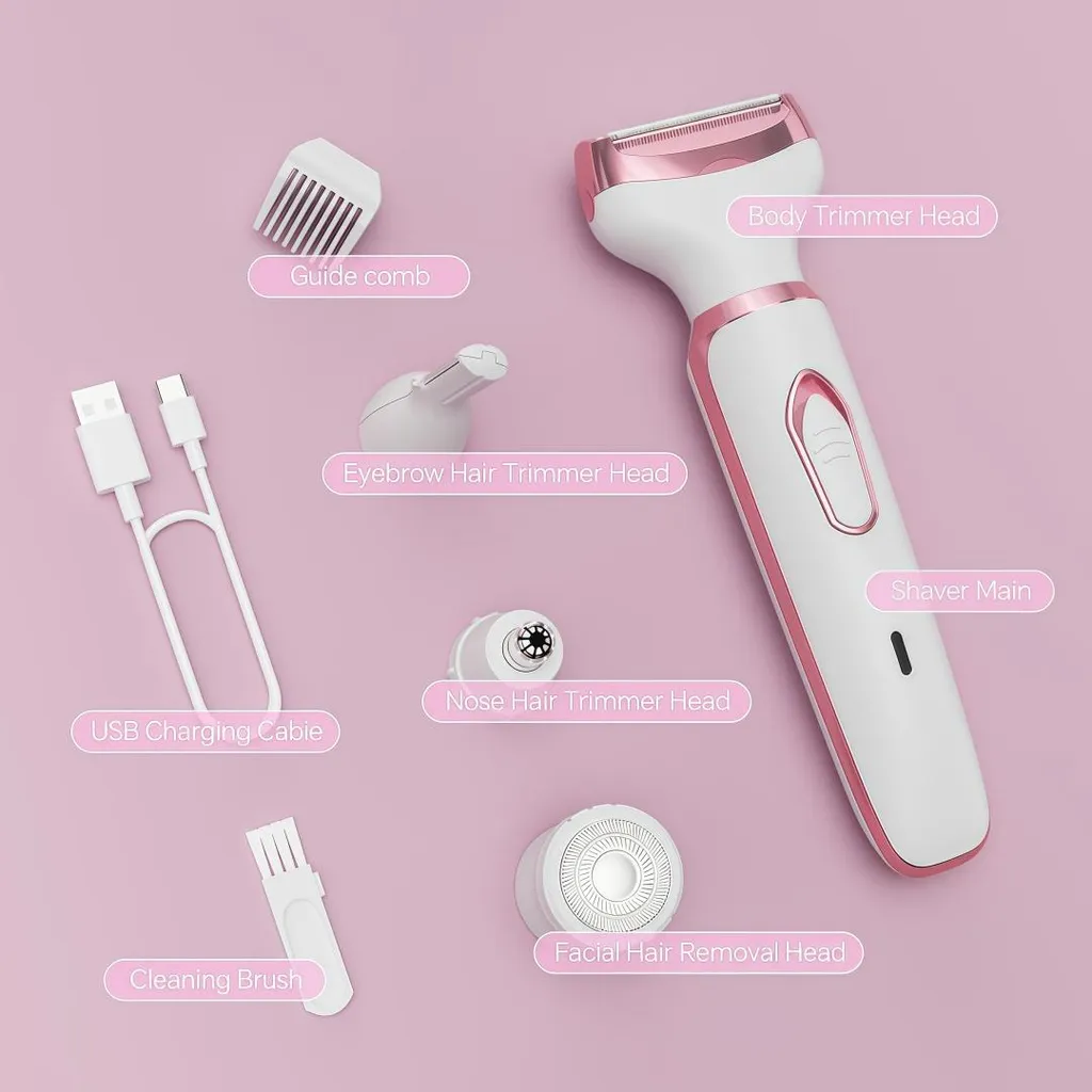 Ein weißer und pinker Elektrorasierer mit mehreren Aufsätzen auf rosa Hintergrund.