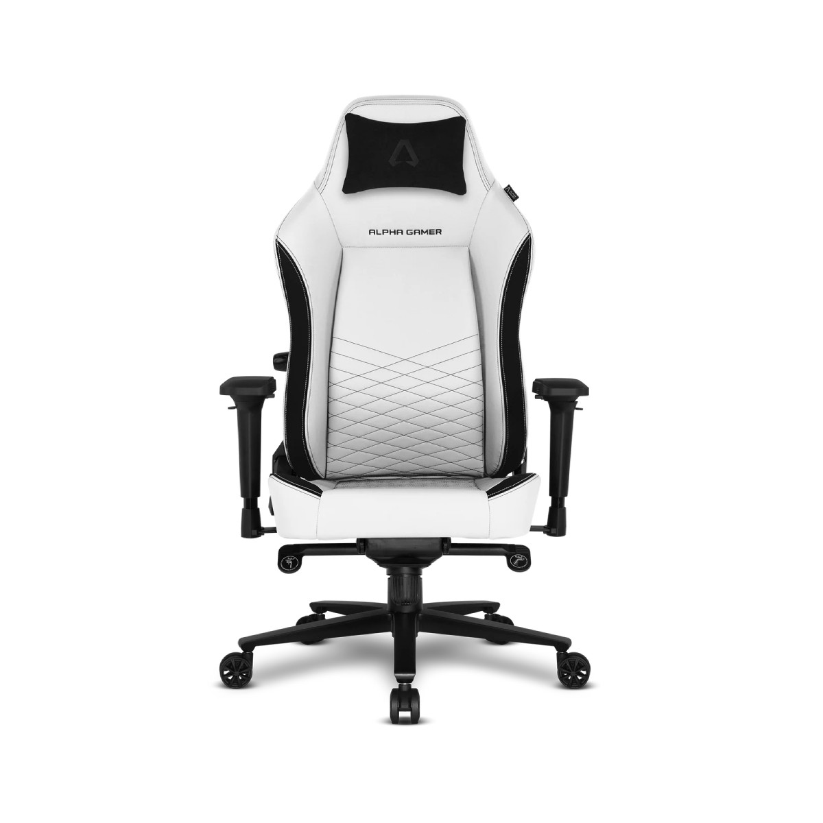 Ein weißer Gaming-Stuhl mit schwarzen Akzenten und einem Kopfkissen.
