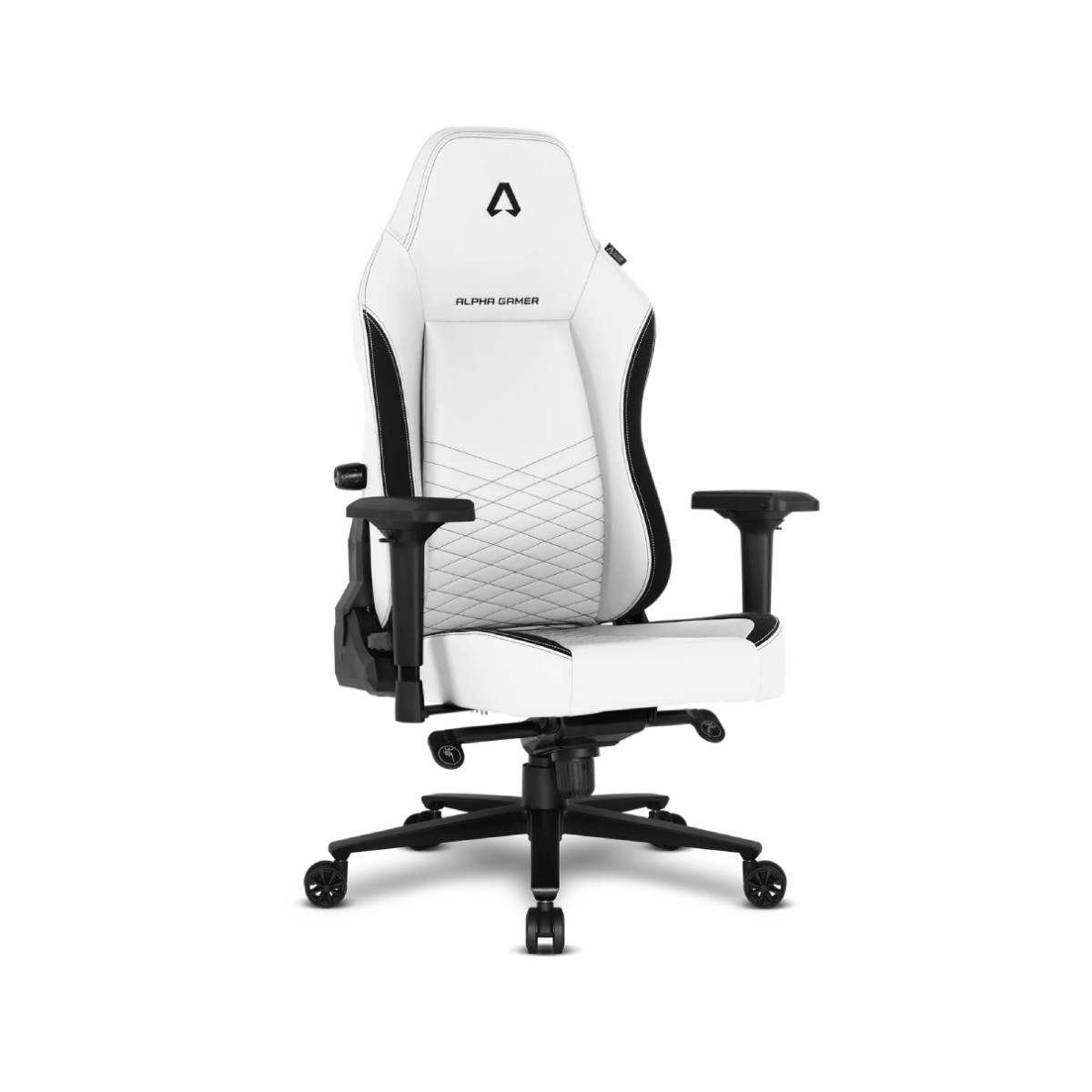 Ein weiß-schwarzer Gaming-Stuhl mit Rautensteppung und Alpha Gamer Logo.