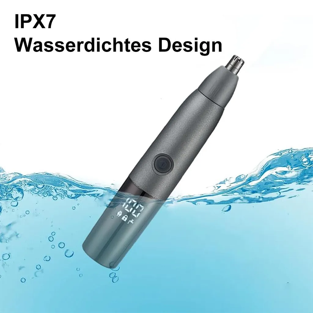 Grauer Nasentrimmer mit digitaler Anzeige in blauem Wasser, IPX7 wasserdicht.