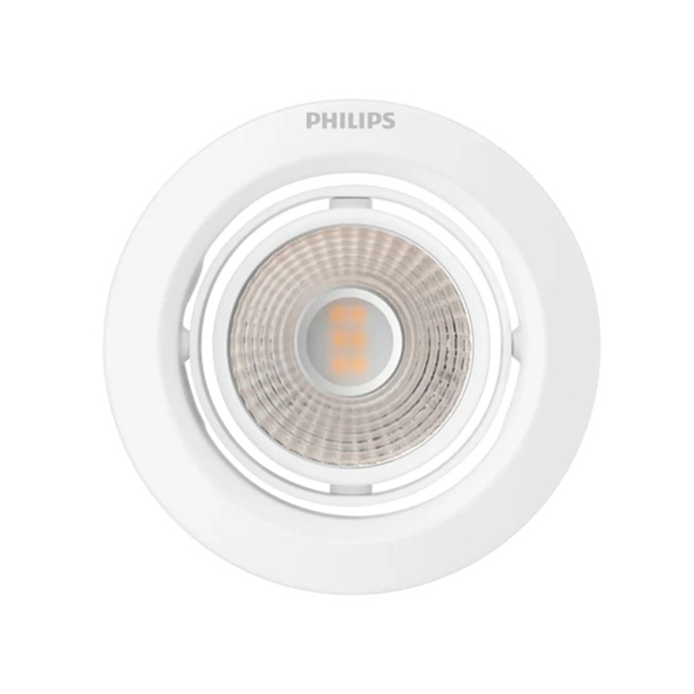 Görünür LED'lere ve yansıtıcı iç kısma sahip beyaz bir Philips gömme lamba.