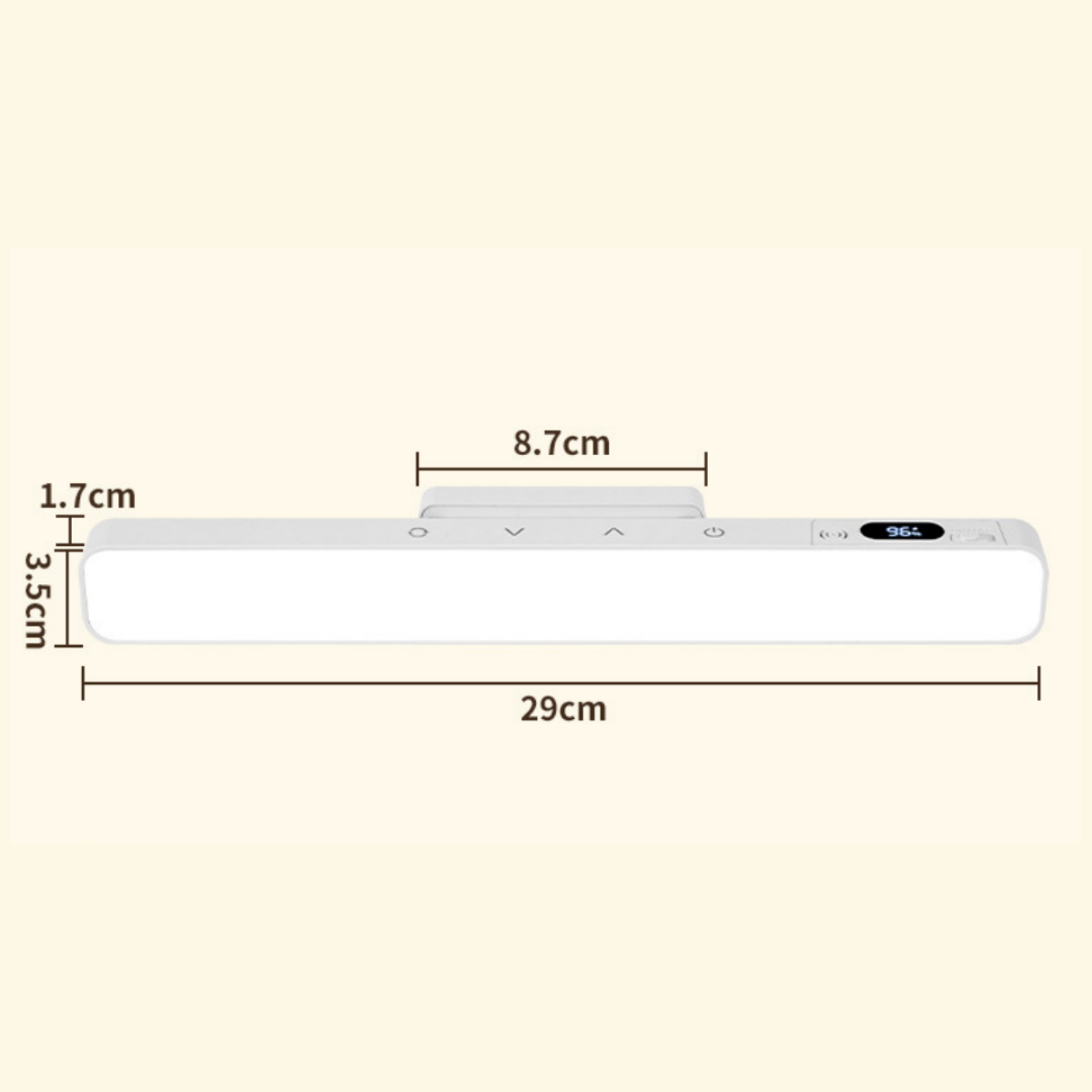 Ein weißer LED-Streifen mit Maßen (29x3,5x1,7cm) und einem 8,7cm breiten Halter.