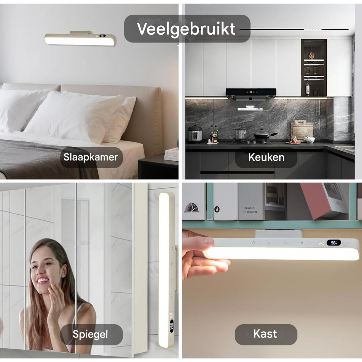 Vier Szenen zeigen ein Licht: Schlafzimmer, Küche, Spiegel und Schrank.
