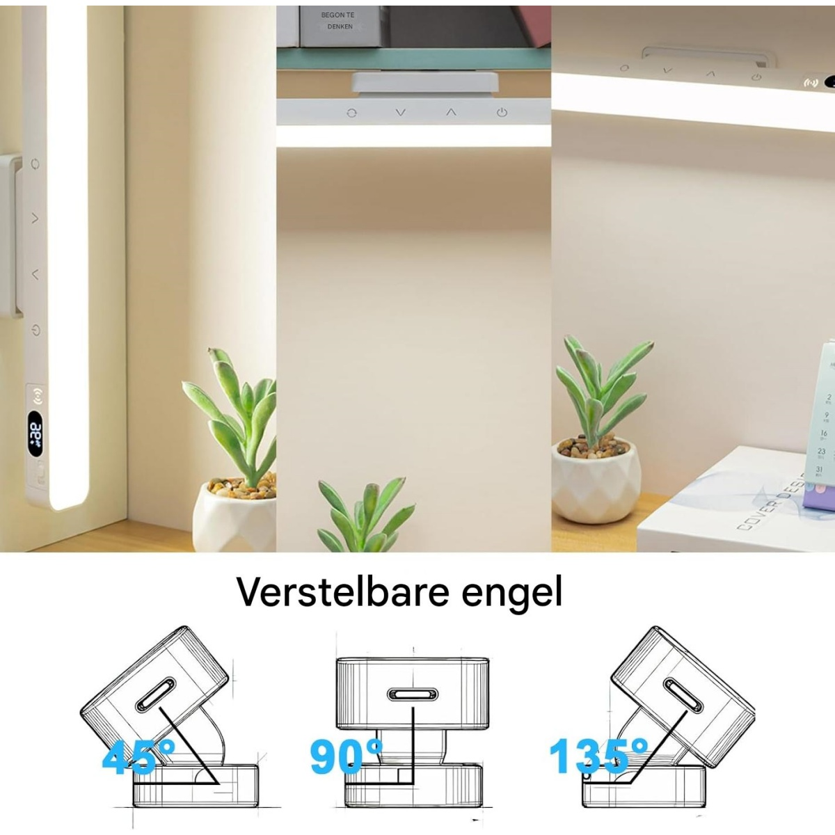 Eine Lampe mit einstellbaren Winkeln wird neben Pflanzen und Büchern gezeigt.