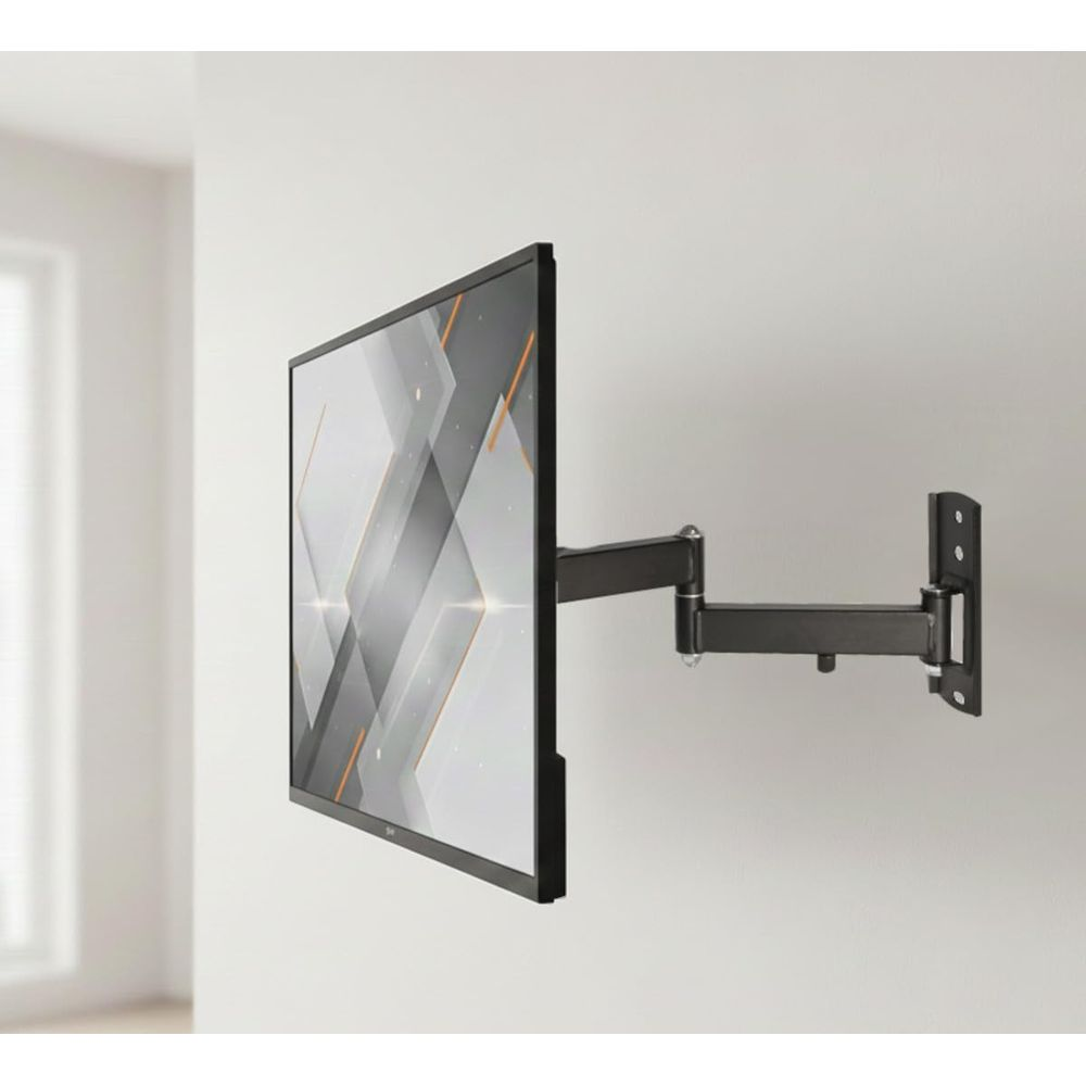 Supporto a parete nero con TV che mostra grafica astratta.