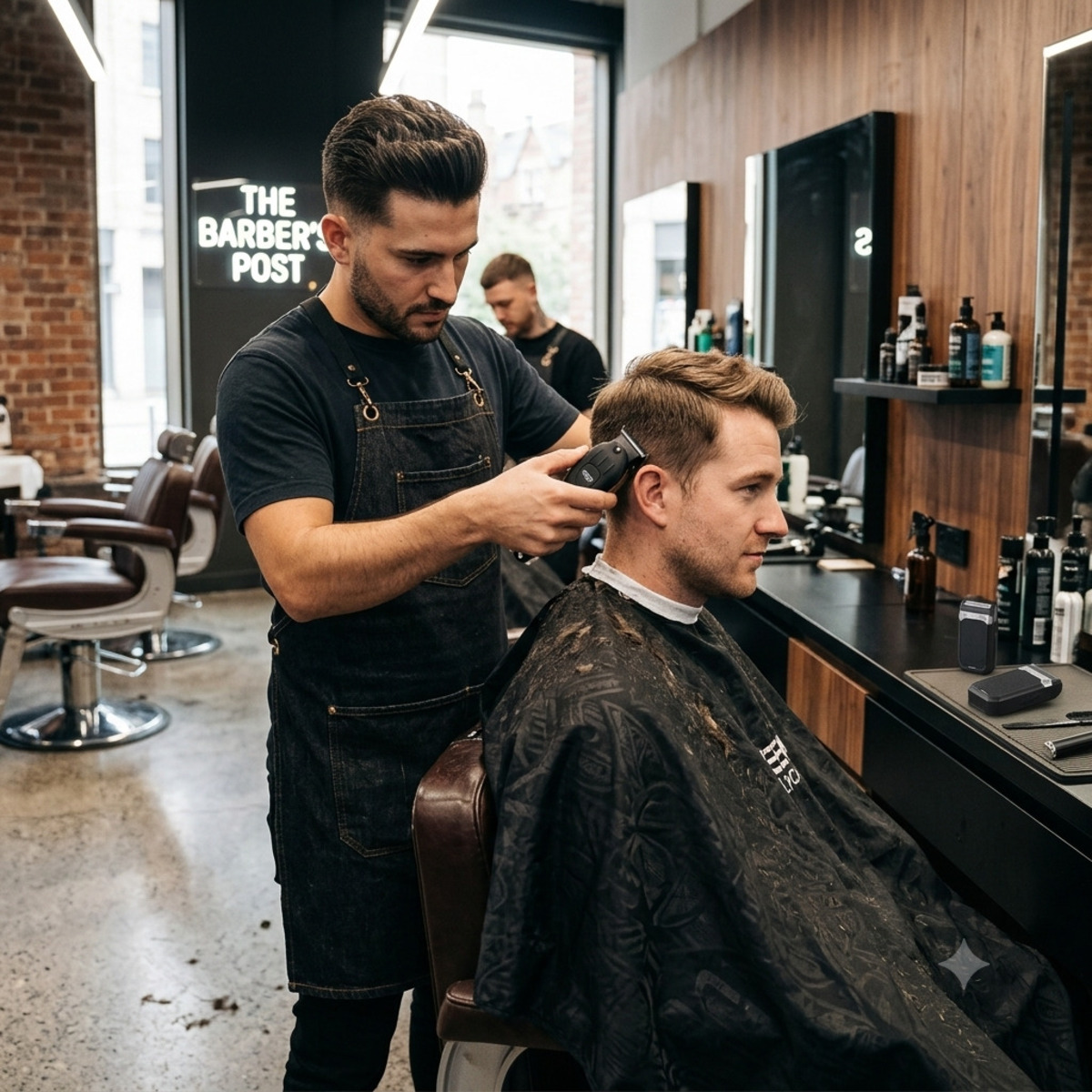 Un barbero corta el pelo a un hombre con una cortapelos en una barbería.