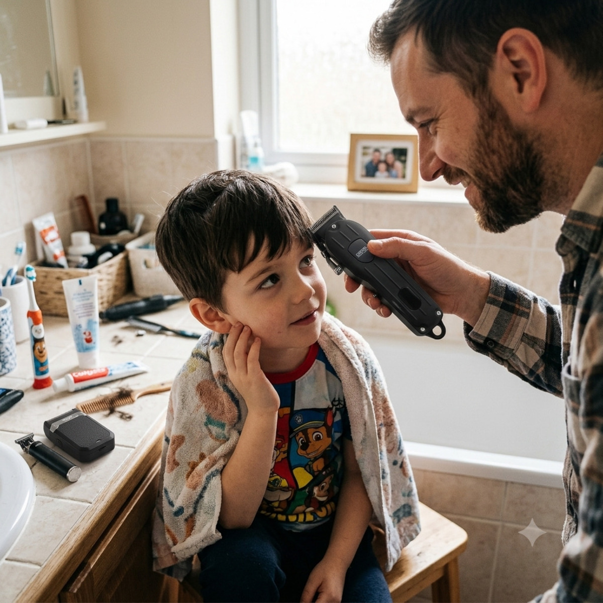 Un hombre le corta el pelo a un niño con una cortadora en un baño.