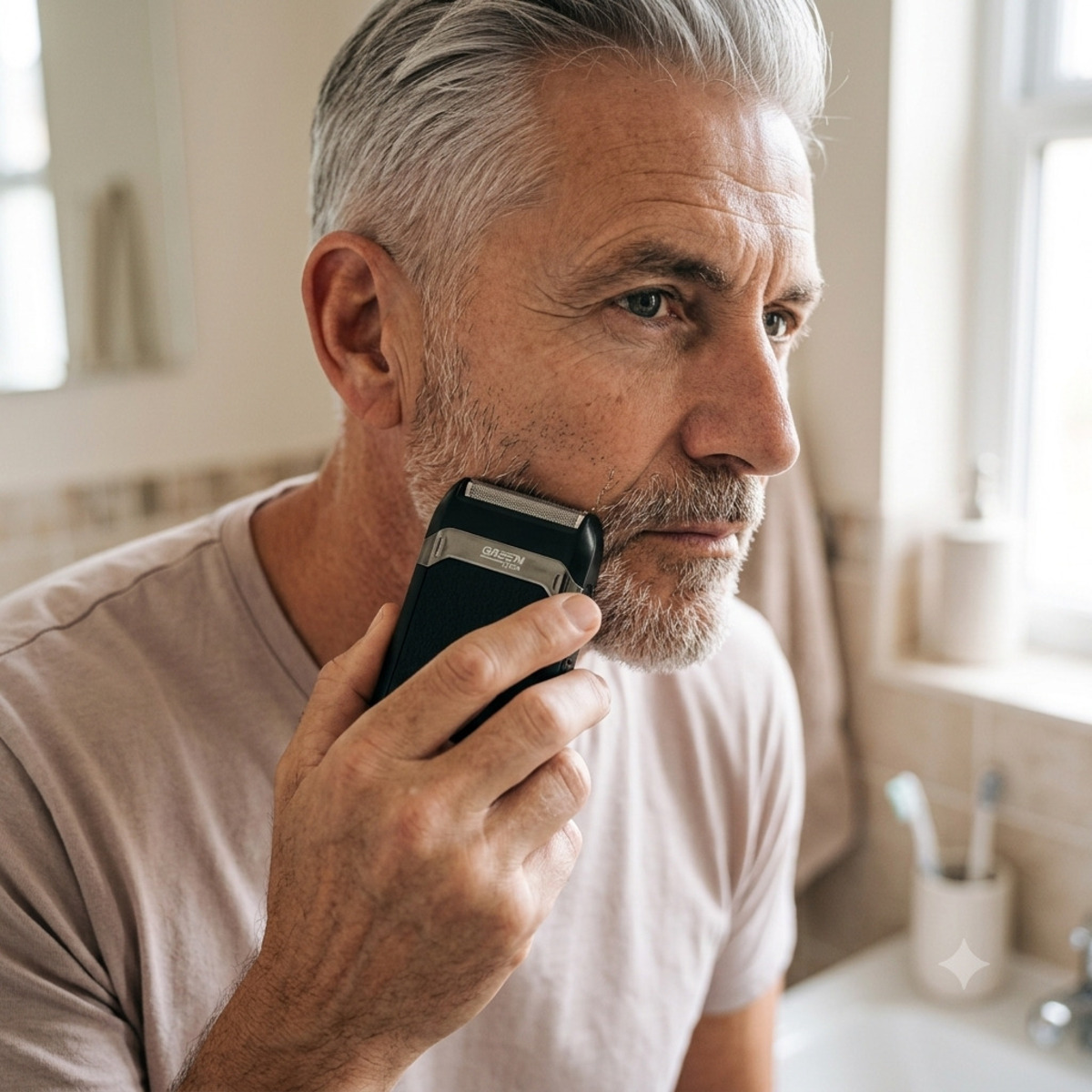 Un hombre con cabello gris se afeita la cara en un baño con una afeitadora eléctrica negra.