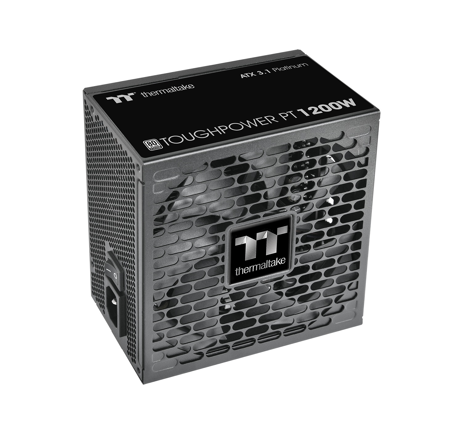 Une alimentation Thermaltake Toughpower grise de 1200W sur fond blanc.