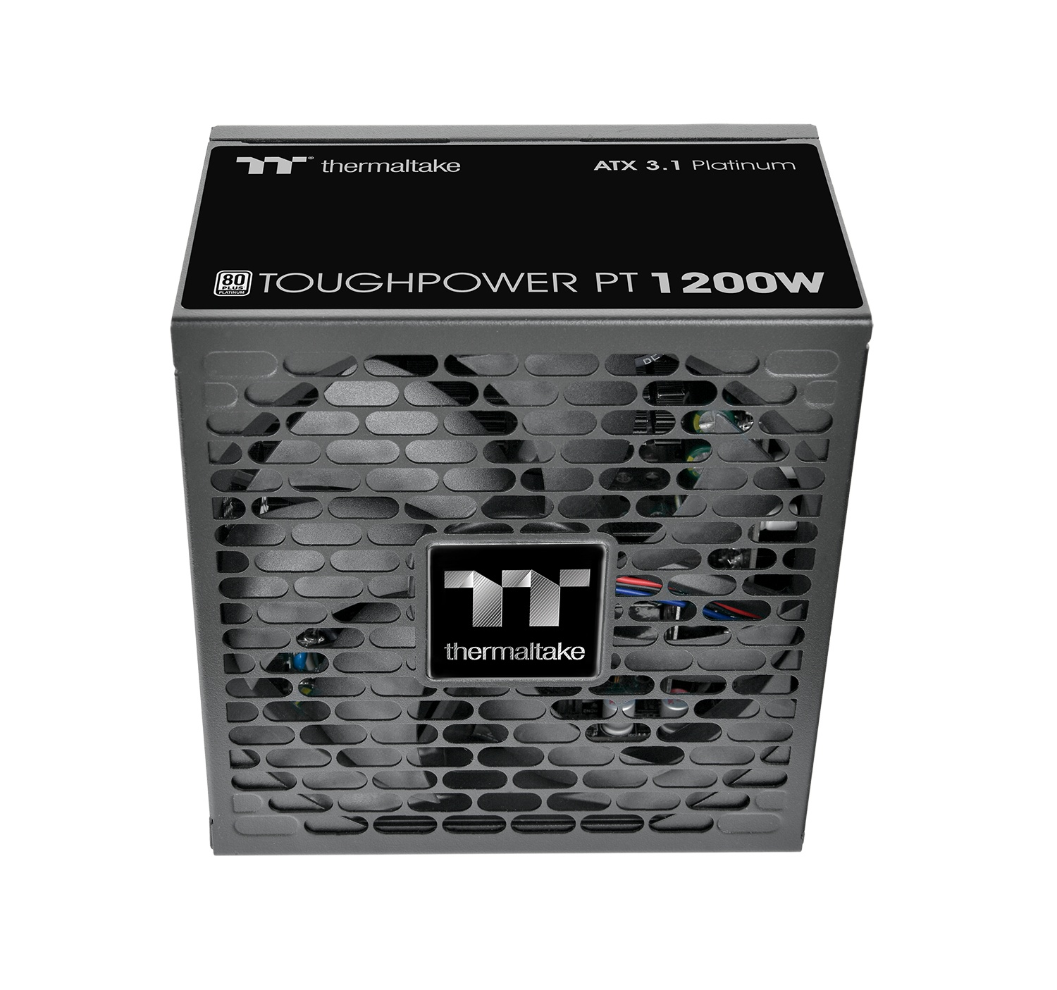 Bloc d'alimentation PC gris avec grille de ventilateur noire et logo Thermaltake.