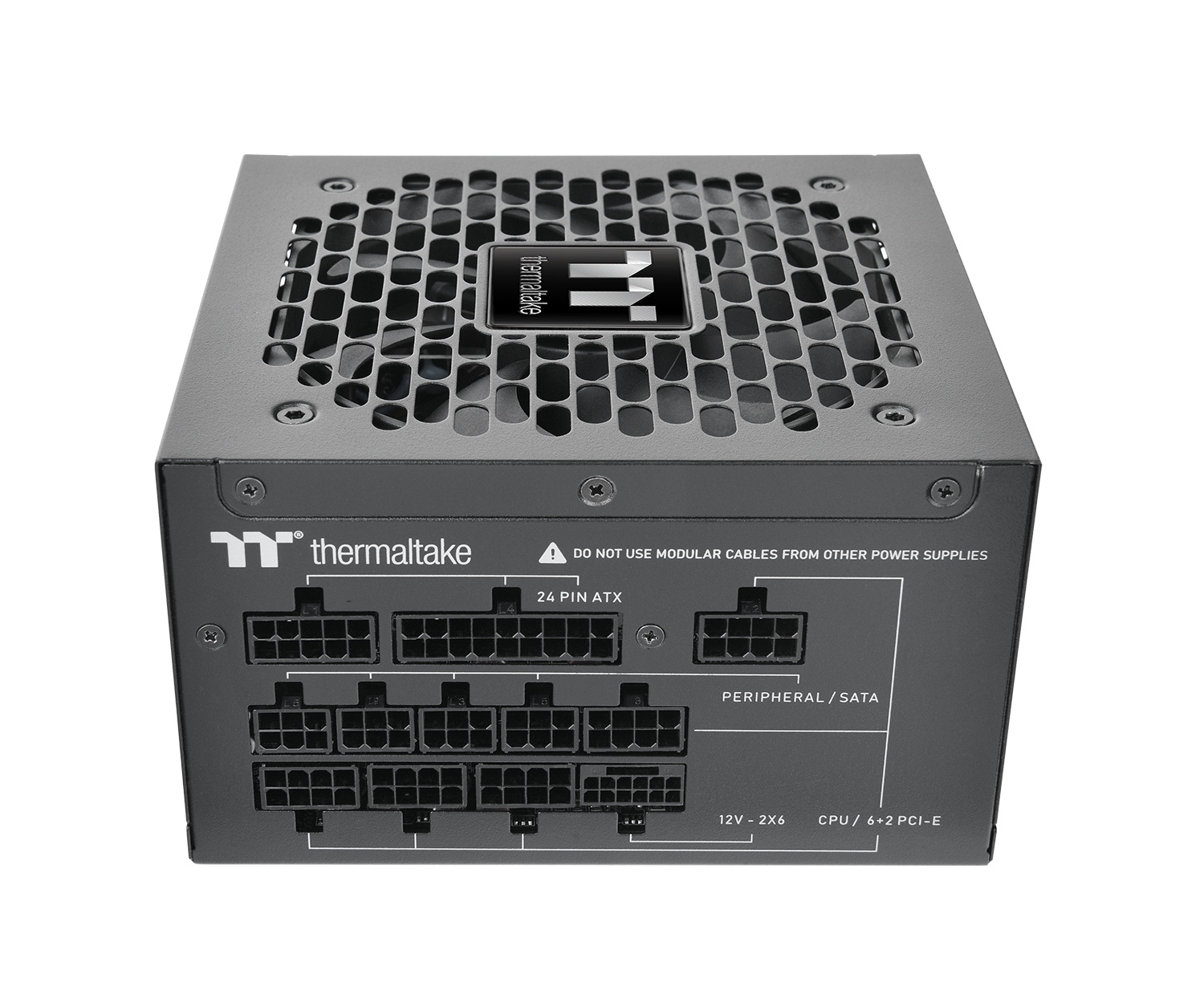Gray power supply with multiple ports and a ventilation grille.