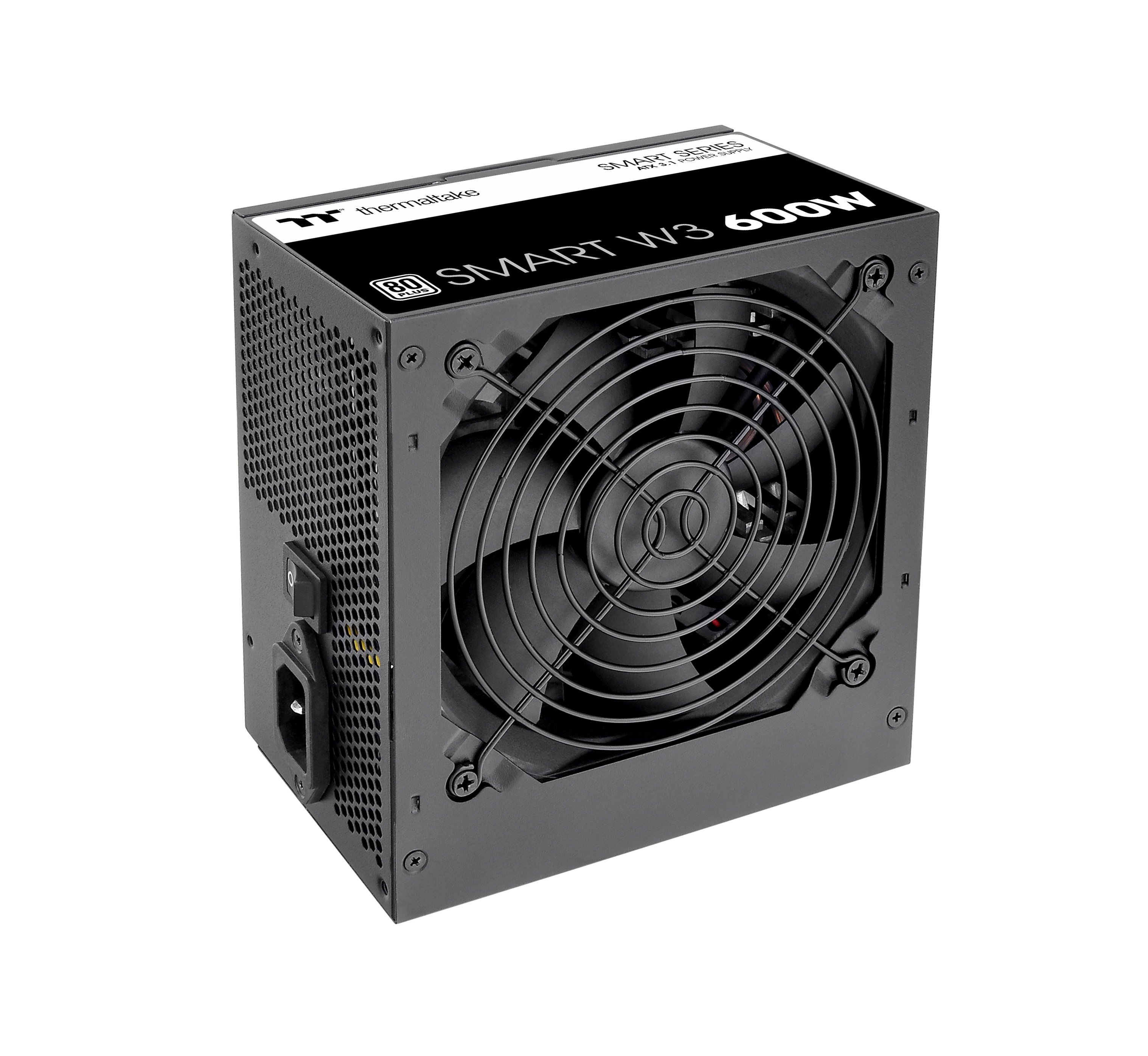 Black computer power supply unit with fan and 'SMART W3 600W' label.