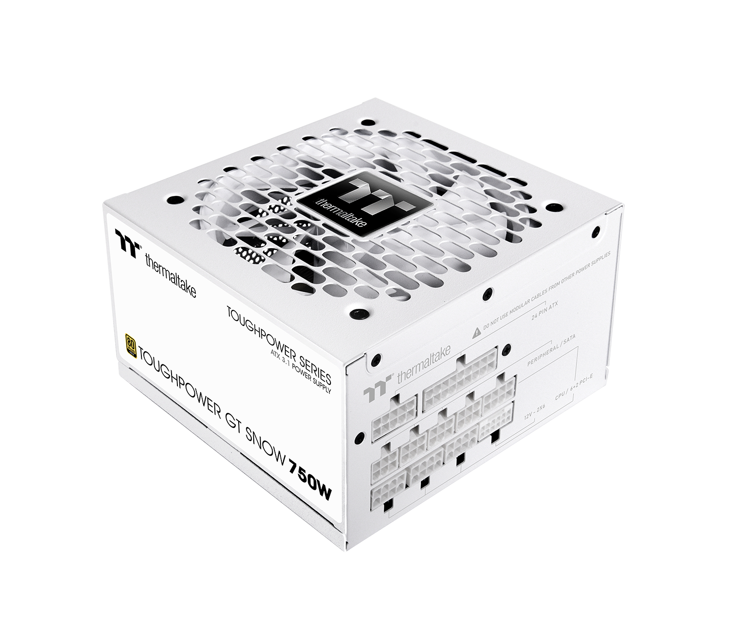 A white Thermaltake Toughpower GT Snow 750W power supply with a fan grille and ports.