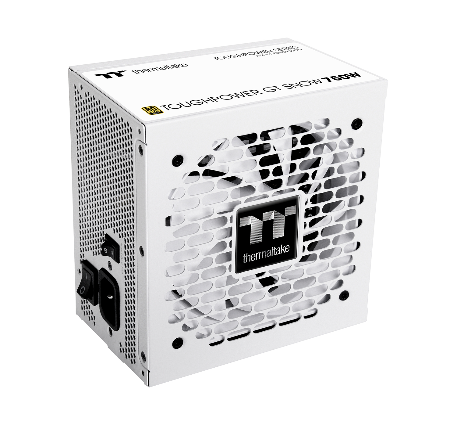 A white Thermaltake Toughpower power supply unit with fan grille and switch.