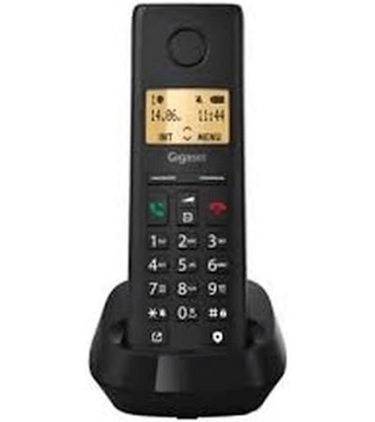 Un tel éfono inalámbrico negro Gigaset con teclado y pantalla sobre una base de carga.