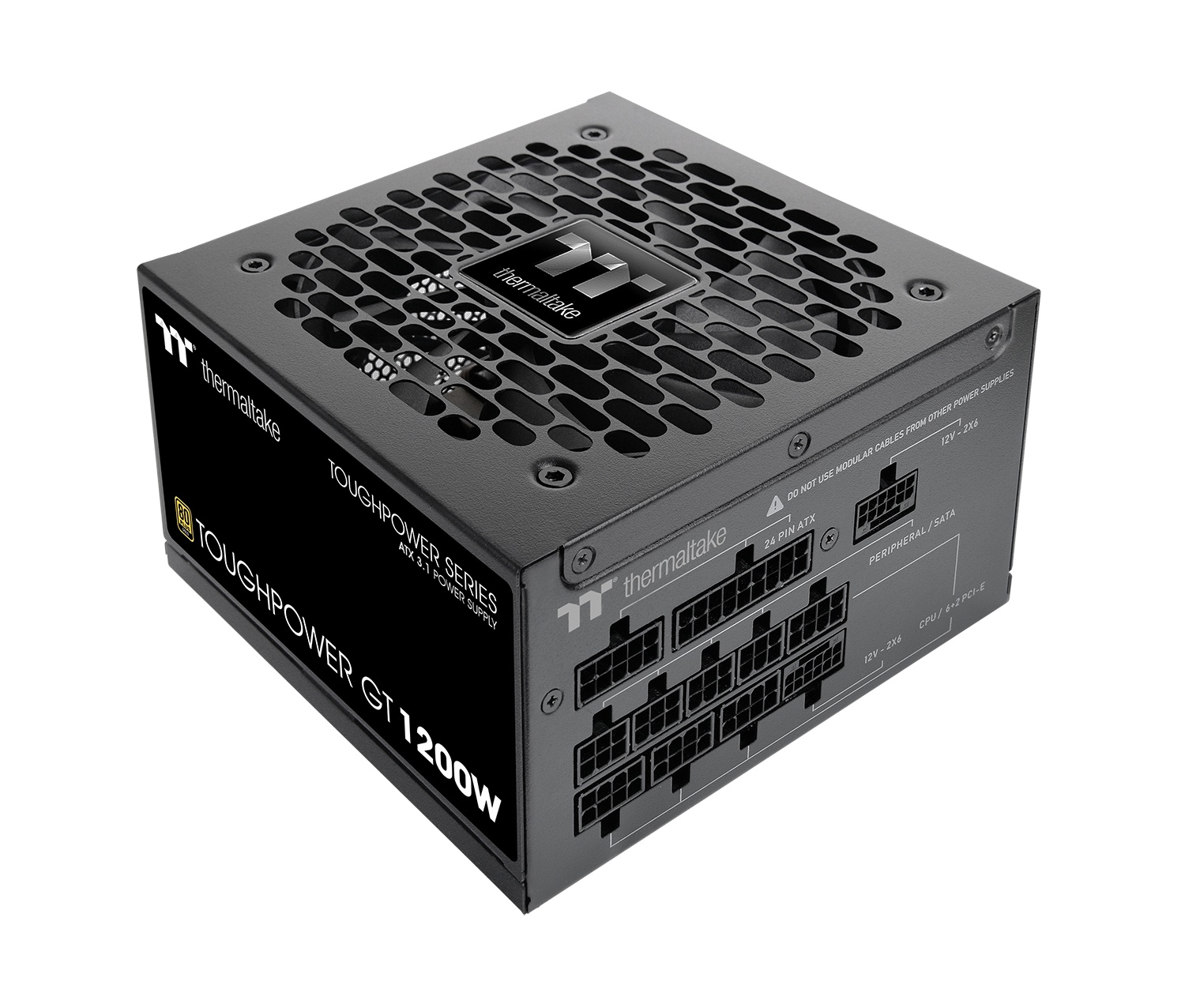 Black Thermaltake power supply unit with a fan grille and modular ports.