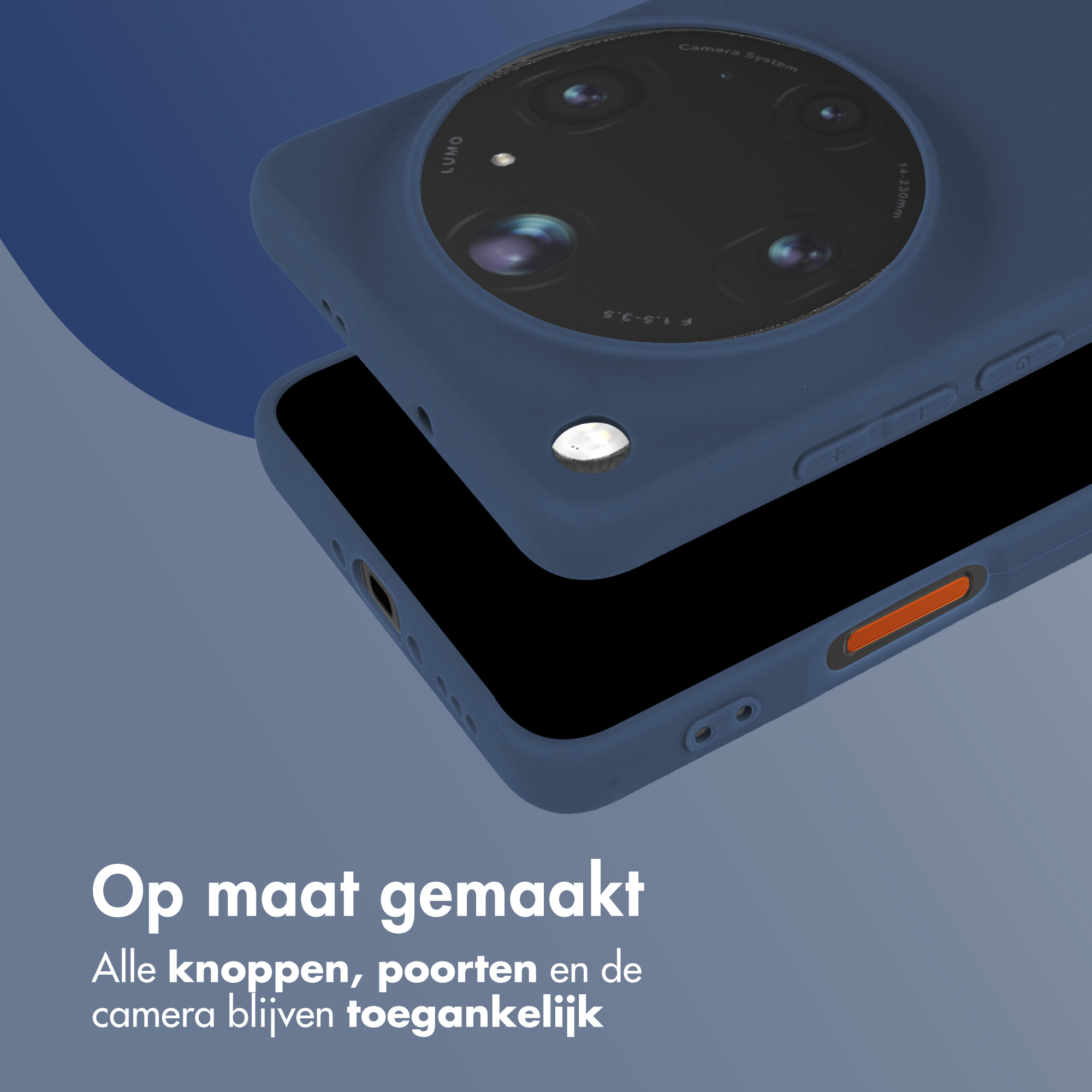 Téléphone bleu foncé axé sur le système de caméra et le texte.