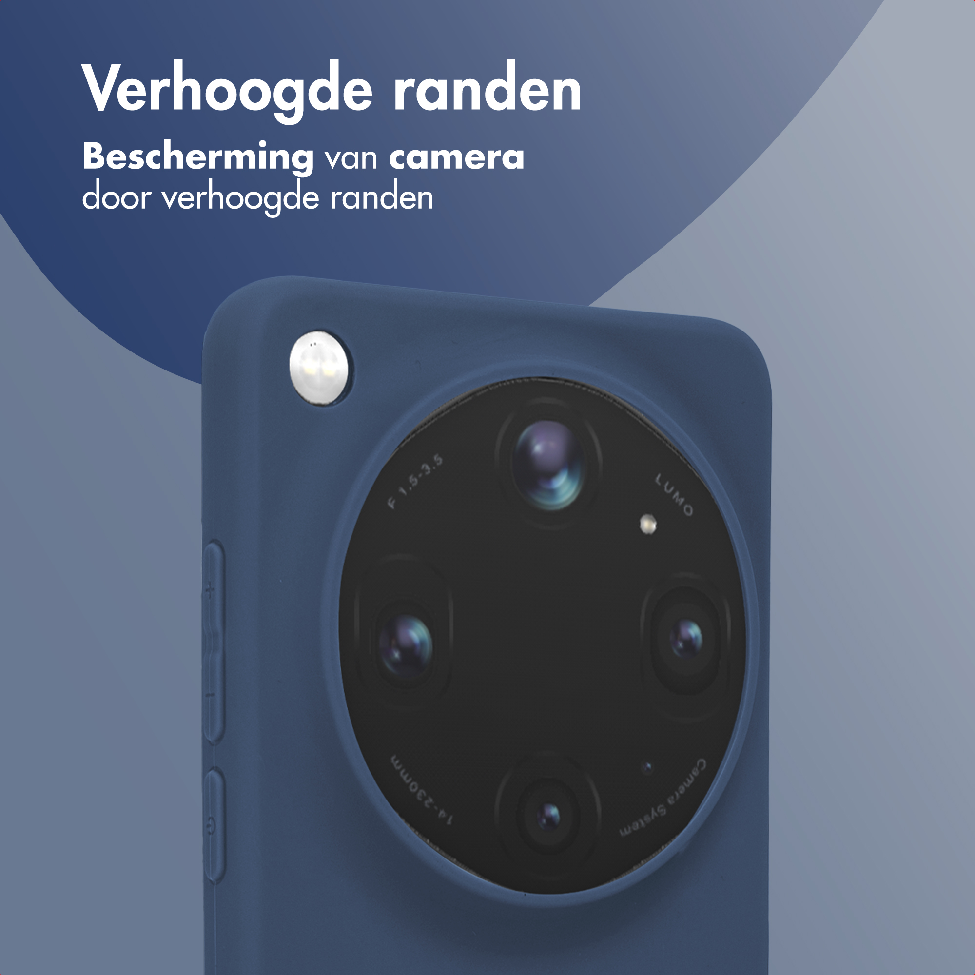 Téléphone bleu foncé avec boîtier de caméra surélevé et flash.