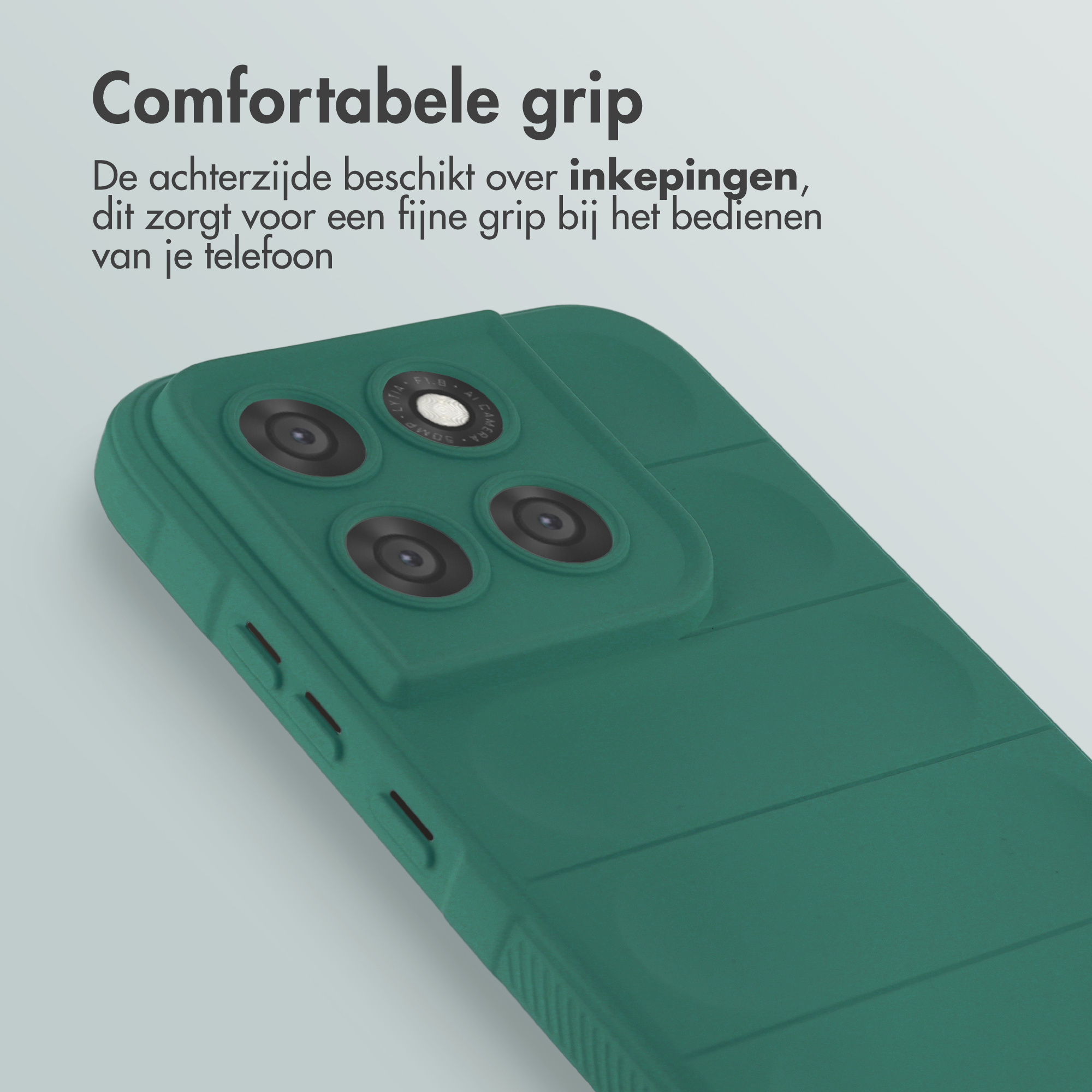 Coque de téléphone verte avec trois objectifs et texture rainurée pour la prise.
