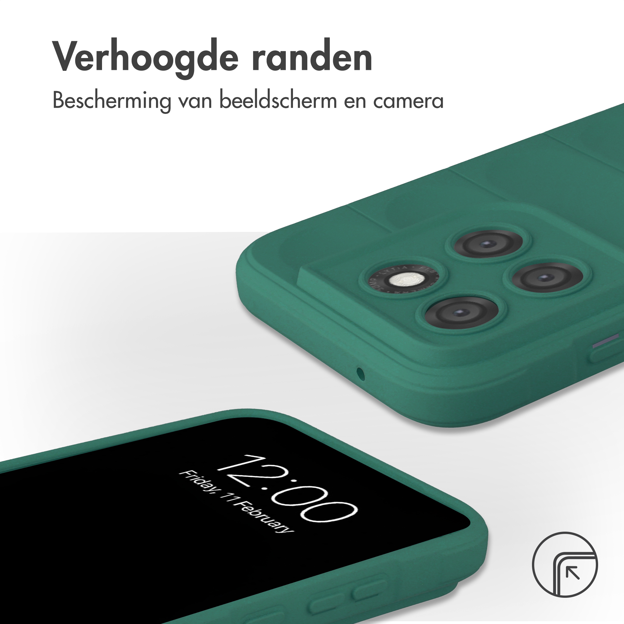Coque de téléphone verte avec découpe caméra et heure 12:00 à l'écran. Bords surélevés.
