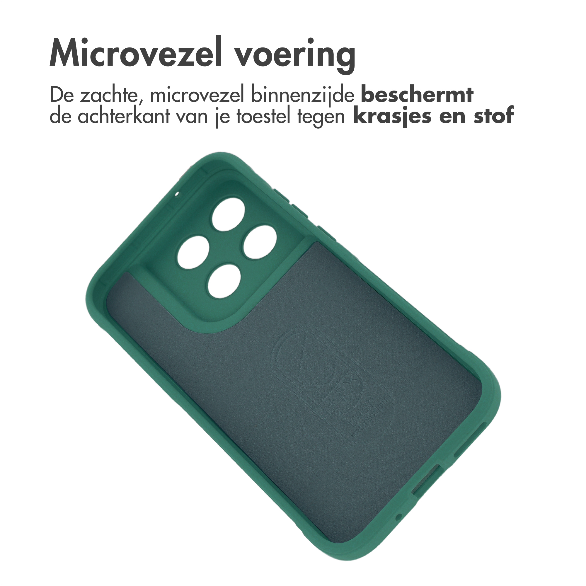 Une coque de téléphone verte avec une doublure en microfibre et découpes caméra.