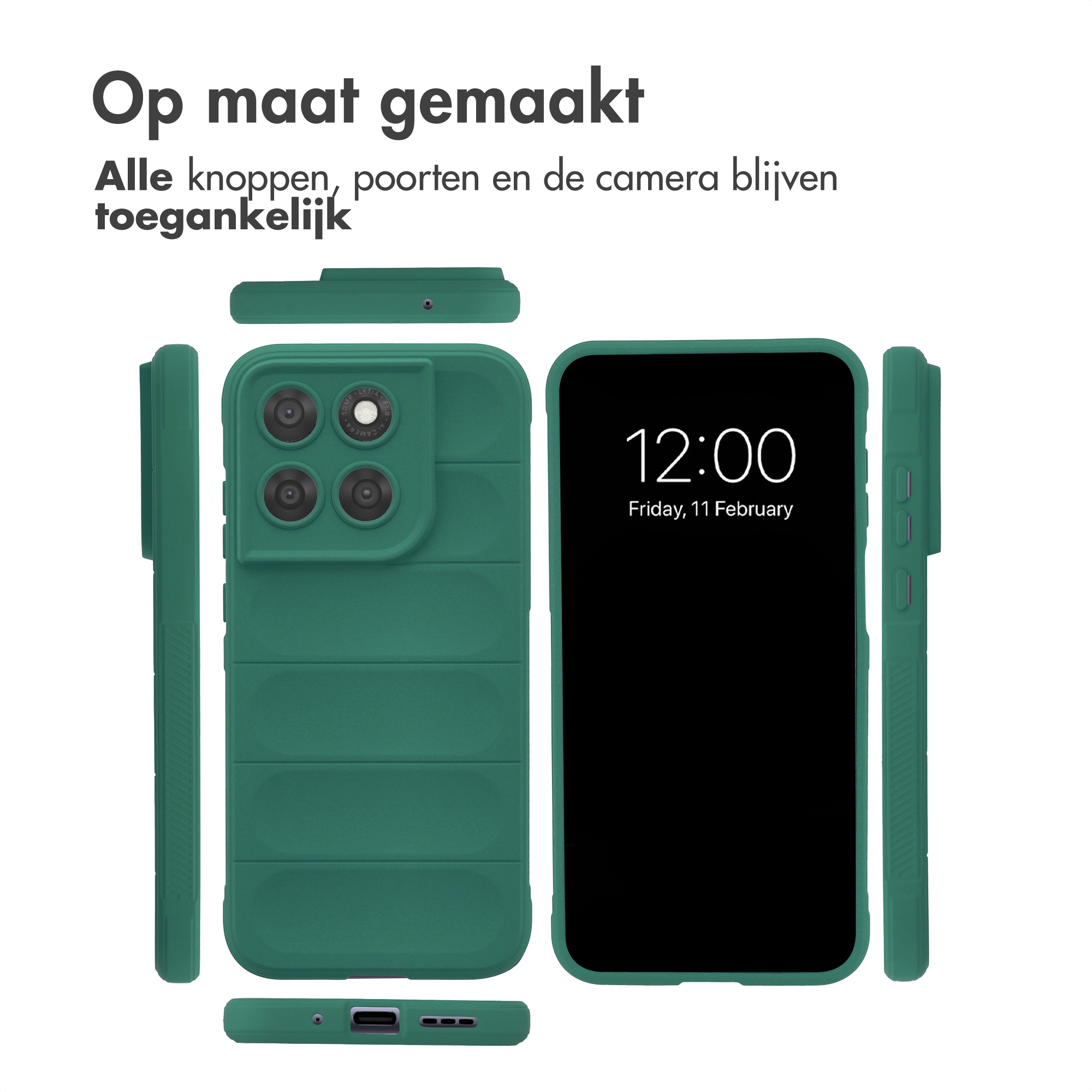 Coque de téléphone verte avec bloc appareil photo et écran noir.