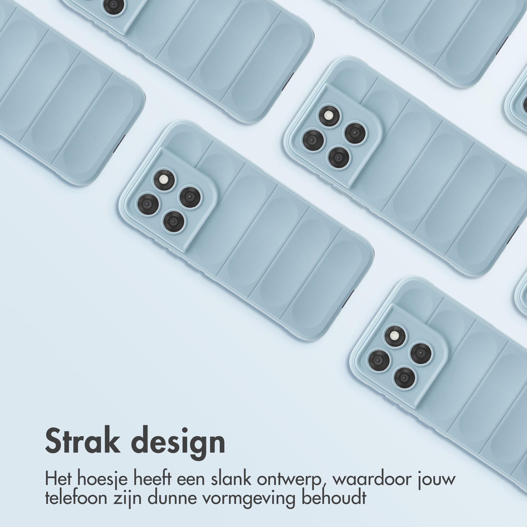 Coques de téléphone bleu clair texturées nervurées avec module caméra, disposées en motif.