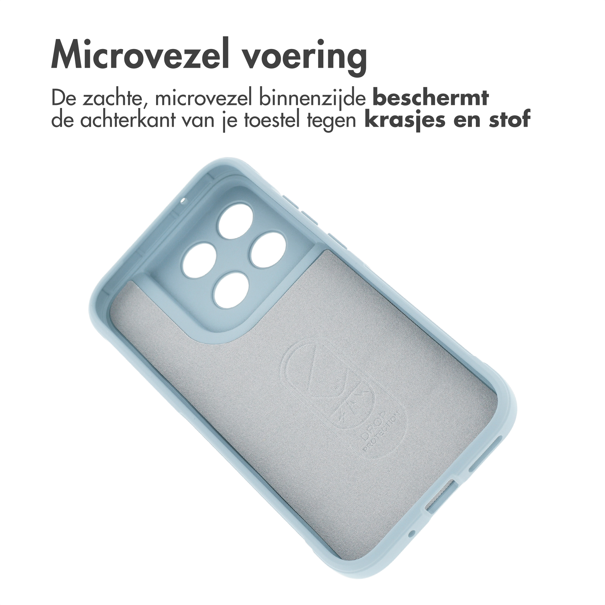 Coque de téléphone bleu clair avec doublure douce en microfibre grise.