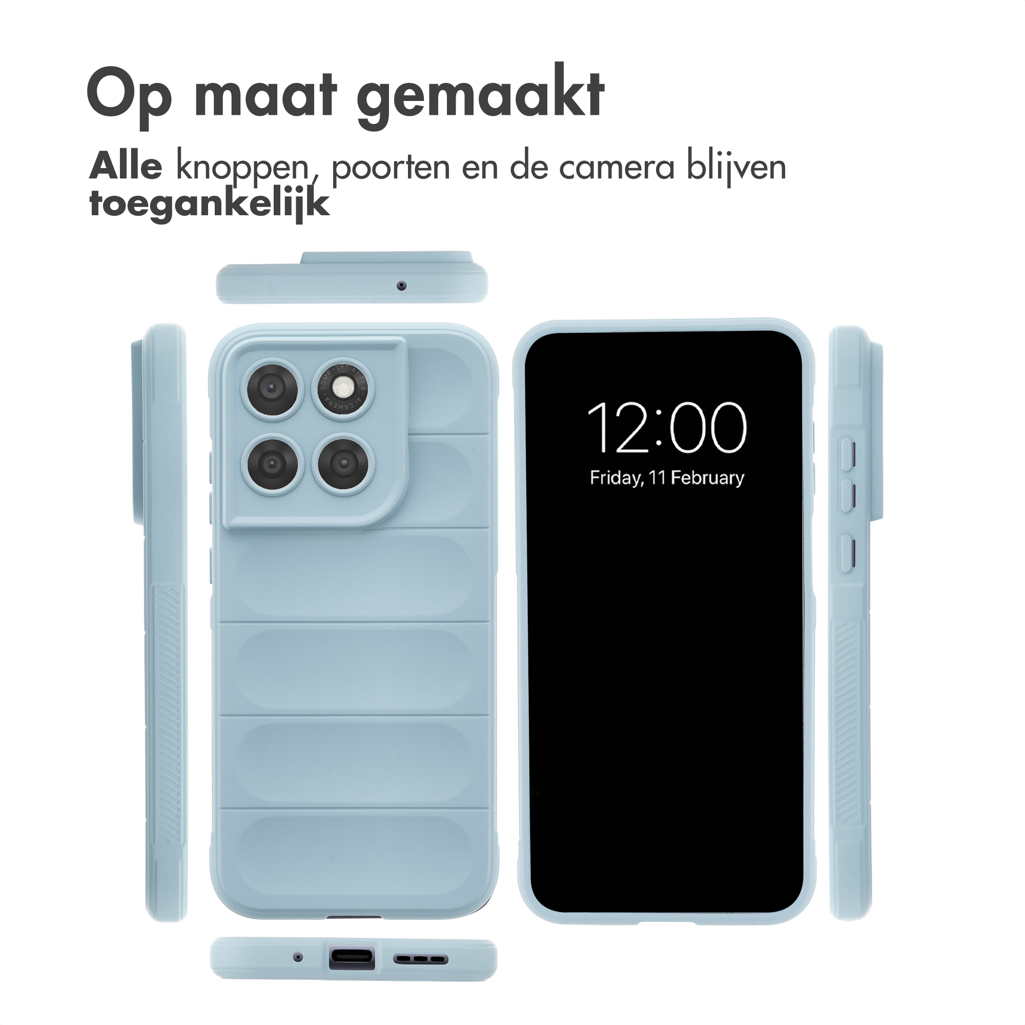 Coque de téléphone bleu clair avec 4 caméras et vue plein écran.