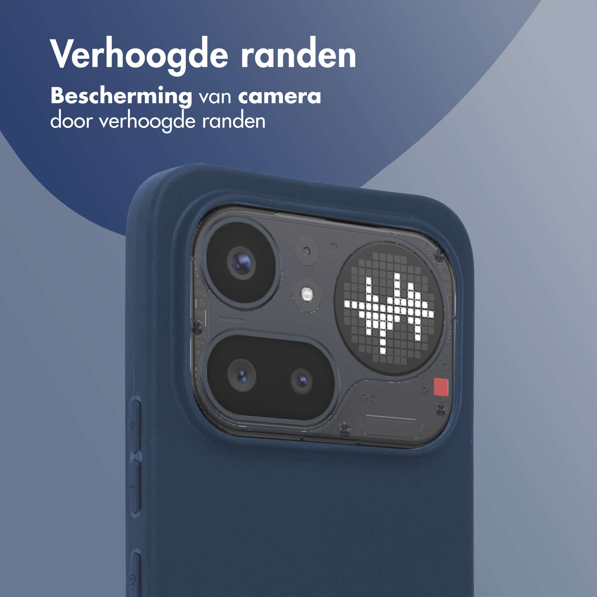 Coque de téléphone bleu foncé à bords surélevés, montrant la caméra et un écran pixelisé.