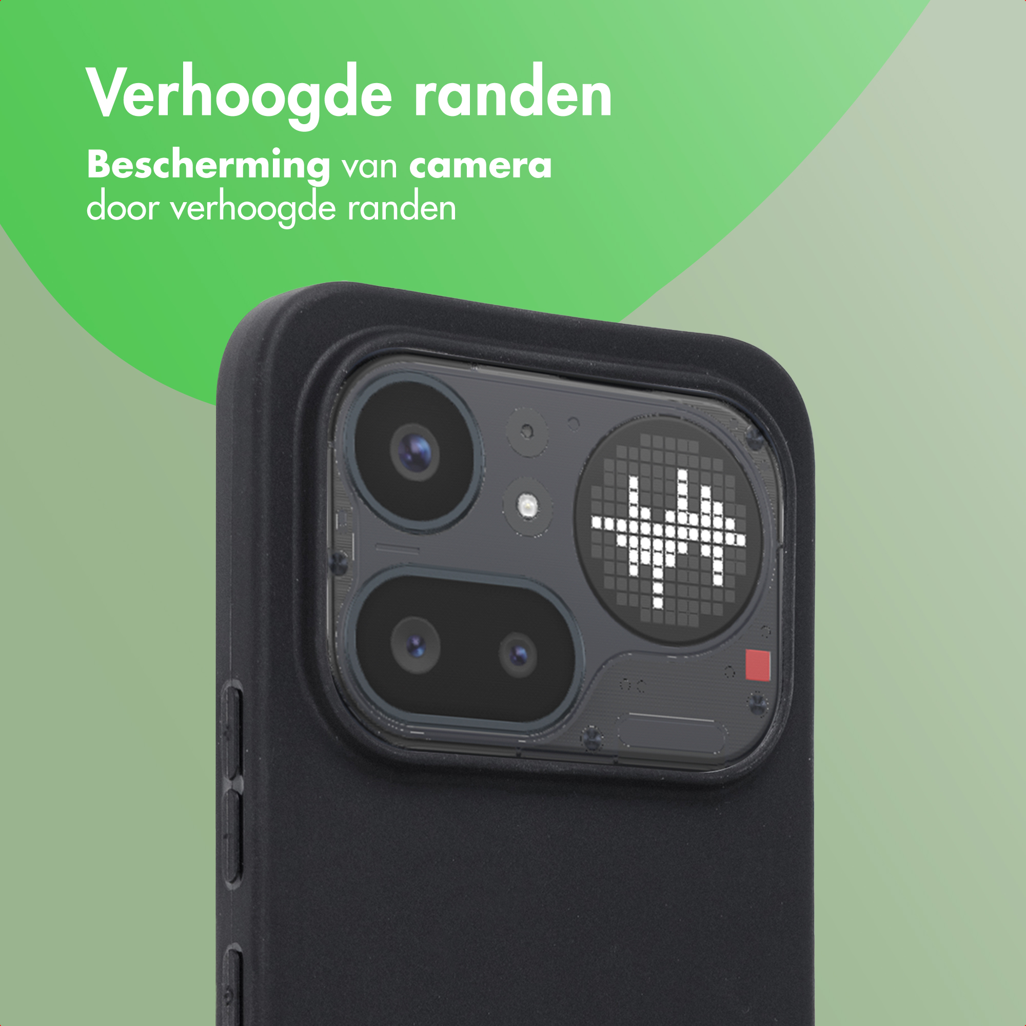 Arrière d'un smartphone noir montrant une triple caméra et un petit écran matriciel.