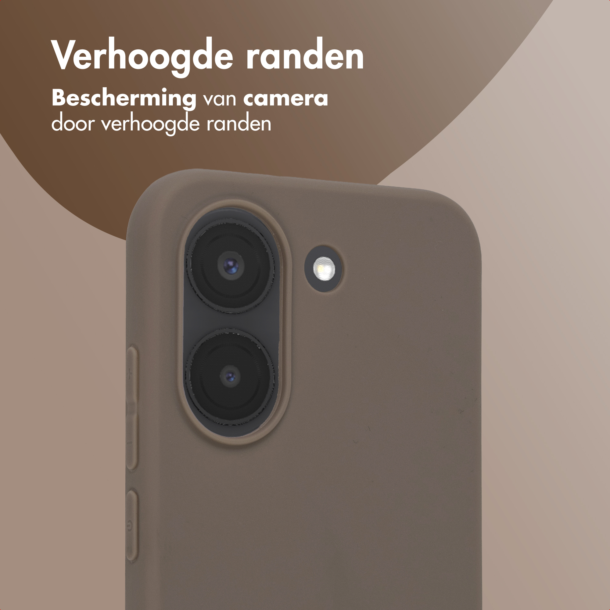 Close-up van een bruine telefoonhoes met twee camera's en een flitser.