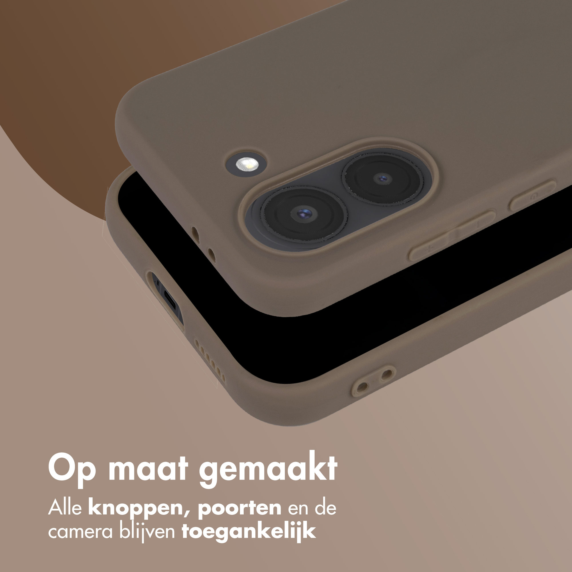 Een taupekleurige telefoonhoes met camara-uitsparing en knoppen.