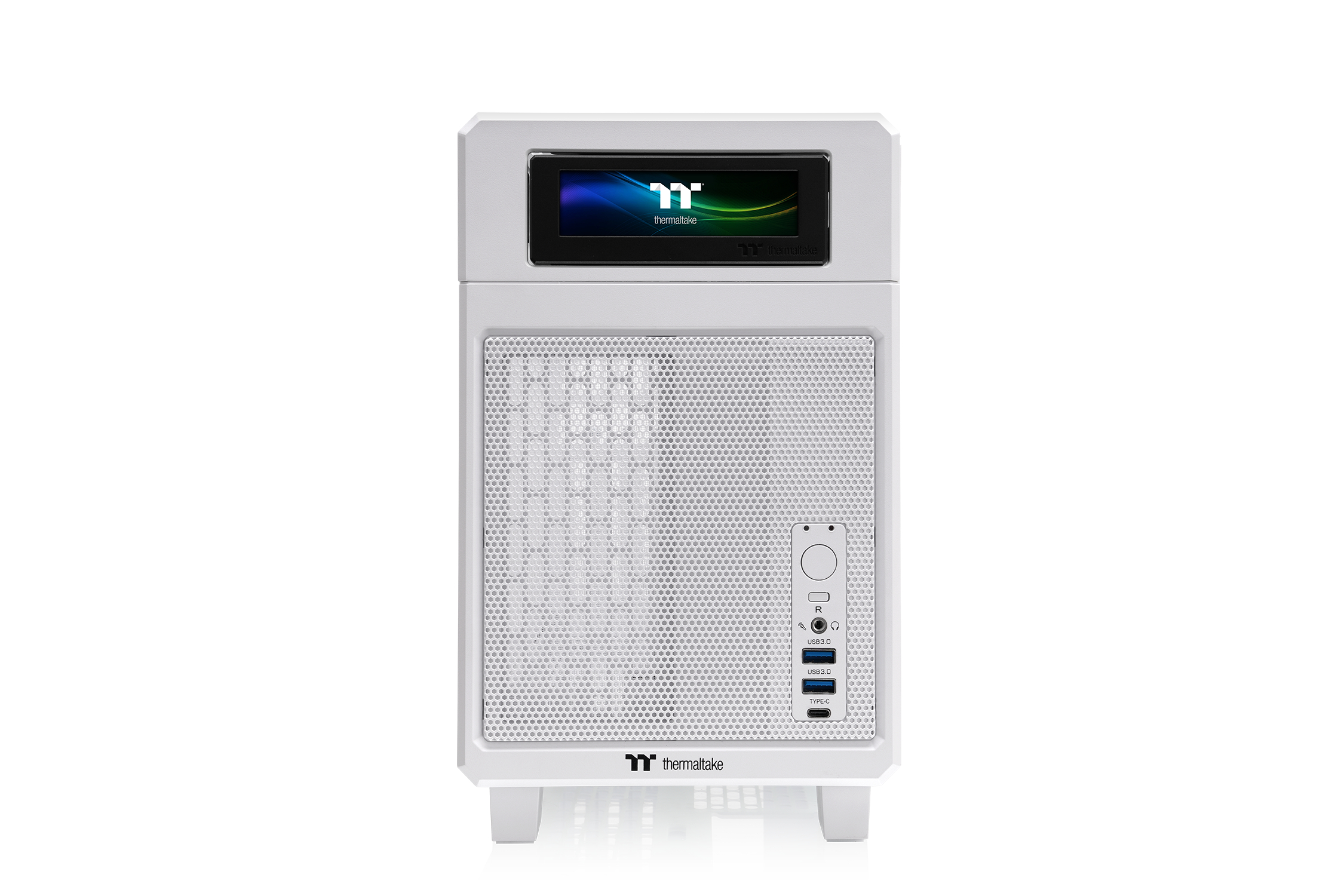 Tower PC bianco con piccolo schermo in alto e pannello frontale mesh.