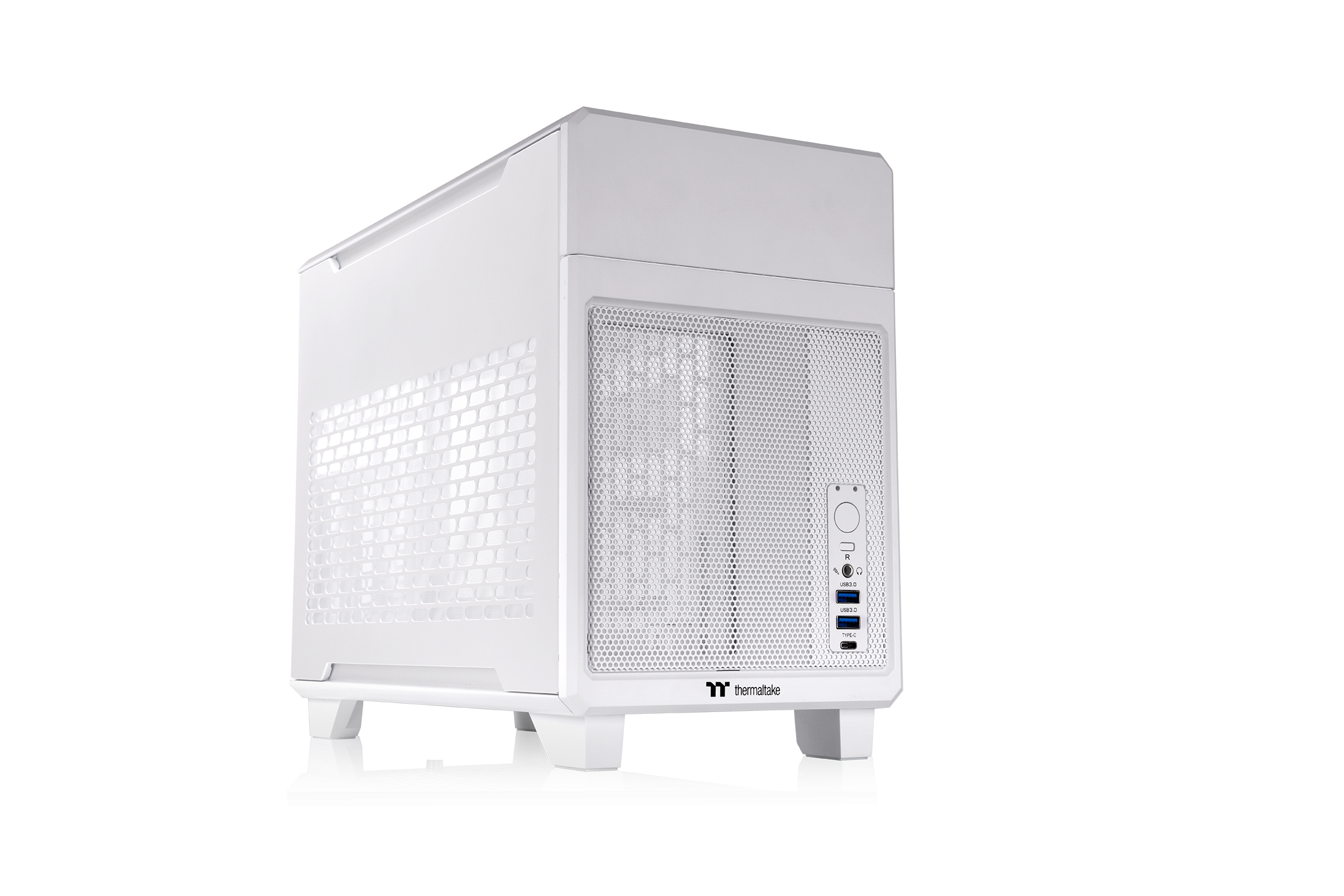 Un case per computer bianco con rete e porte sul davanti.