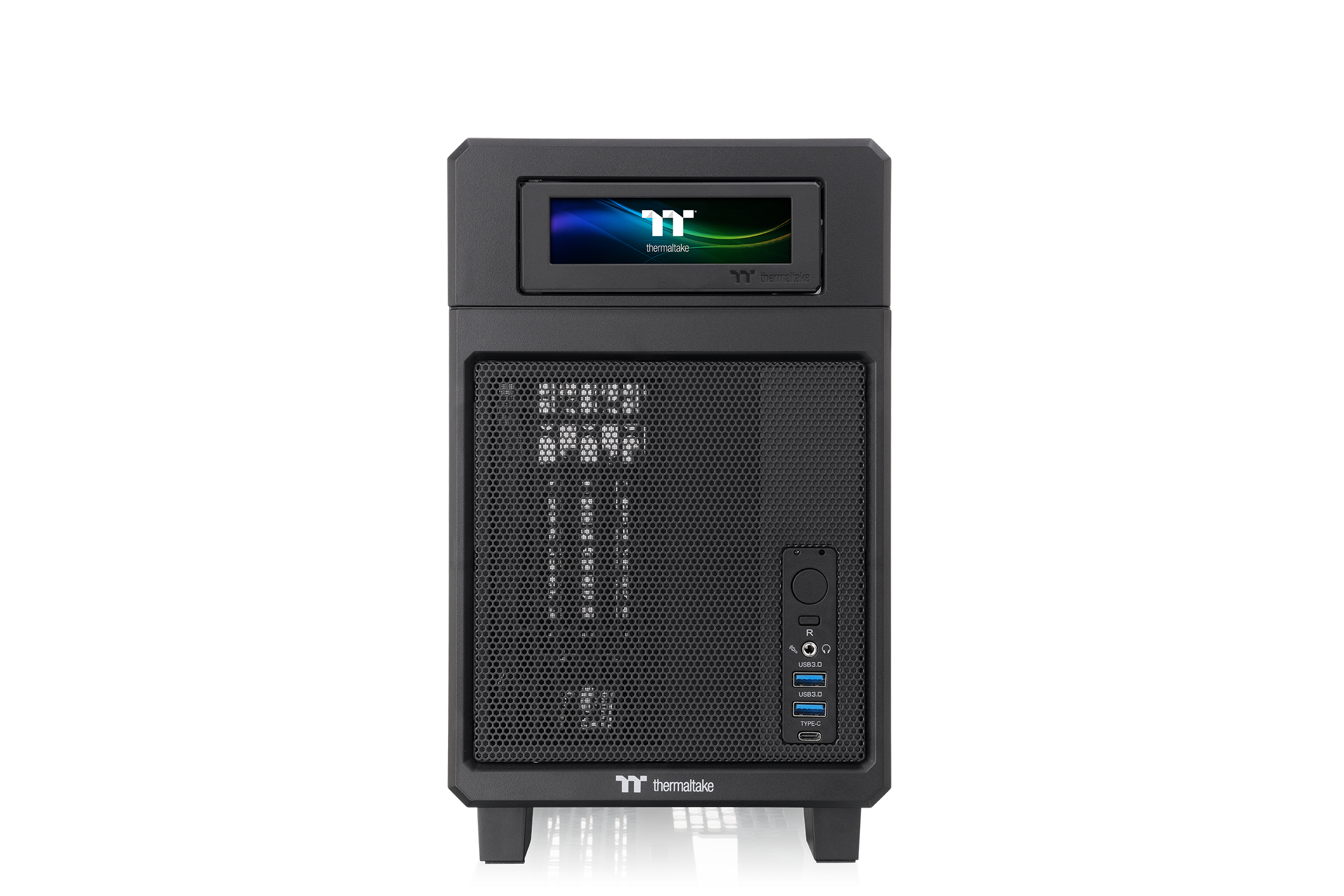 Case nero Thermaltake con piccolo schermo in alto e griglia di ventilazione.