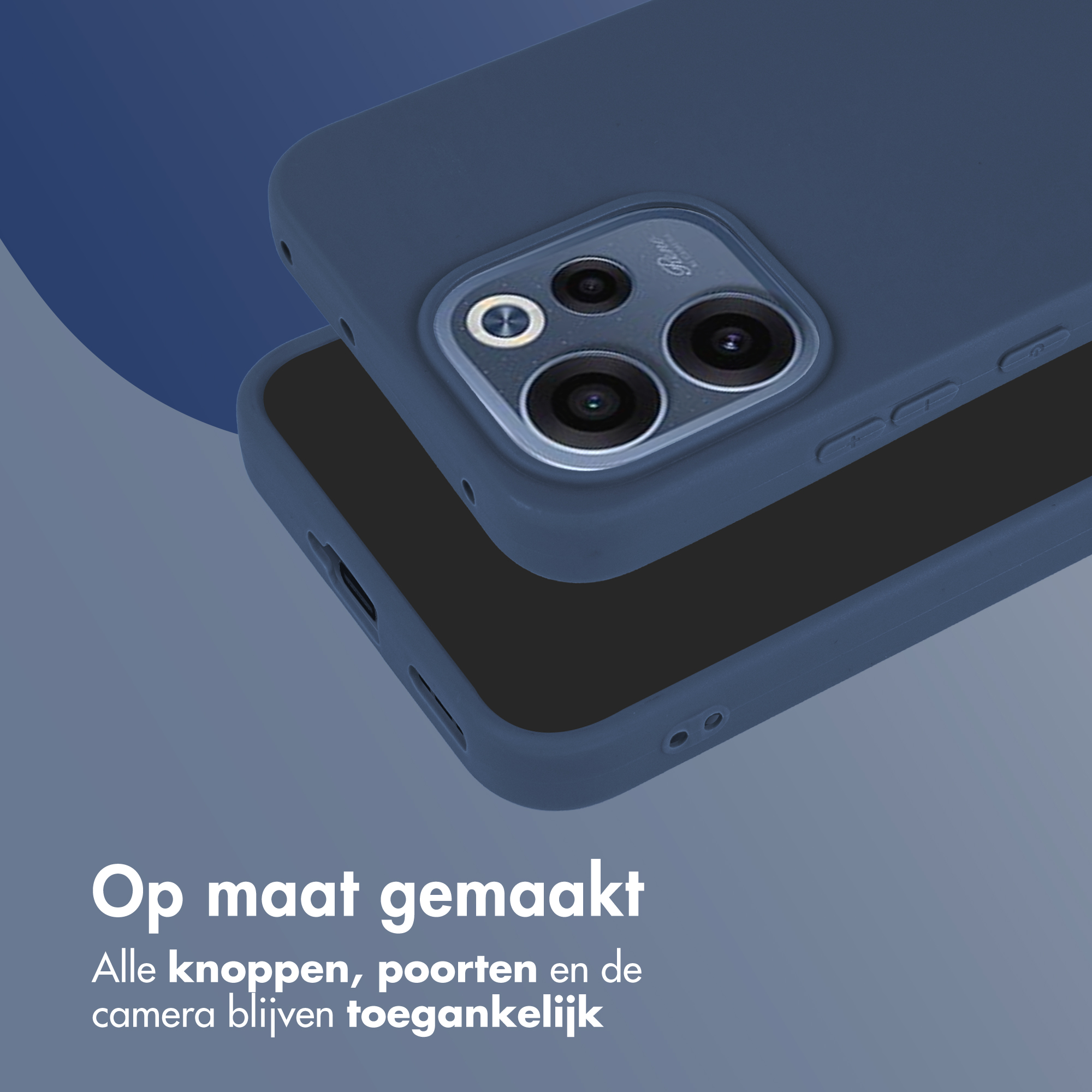 Drie blauwe telefoonhoesjes gestapeld. Close-up van cameralenzen.