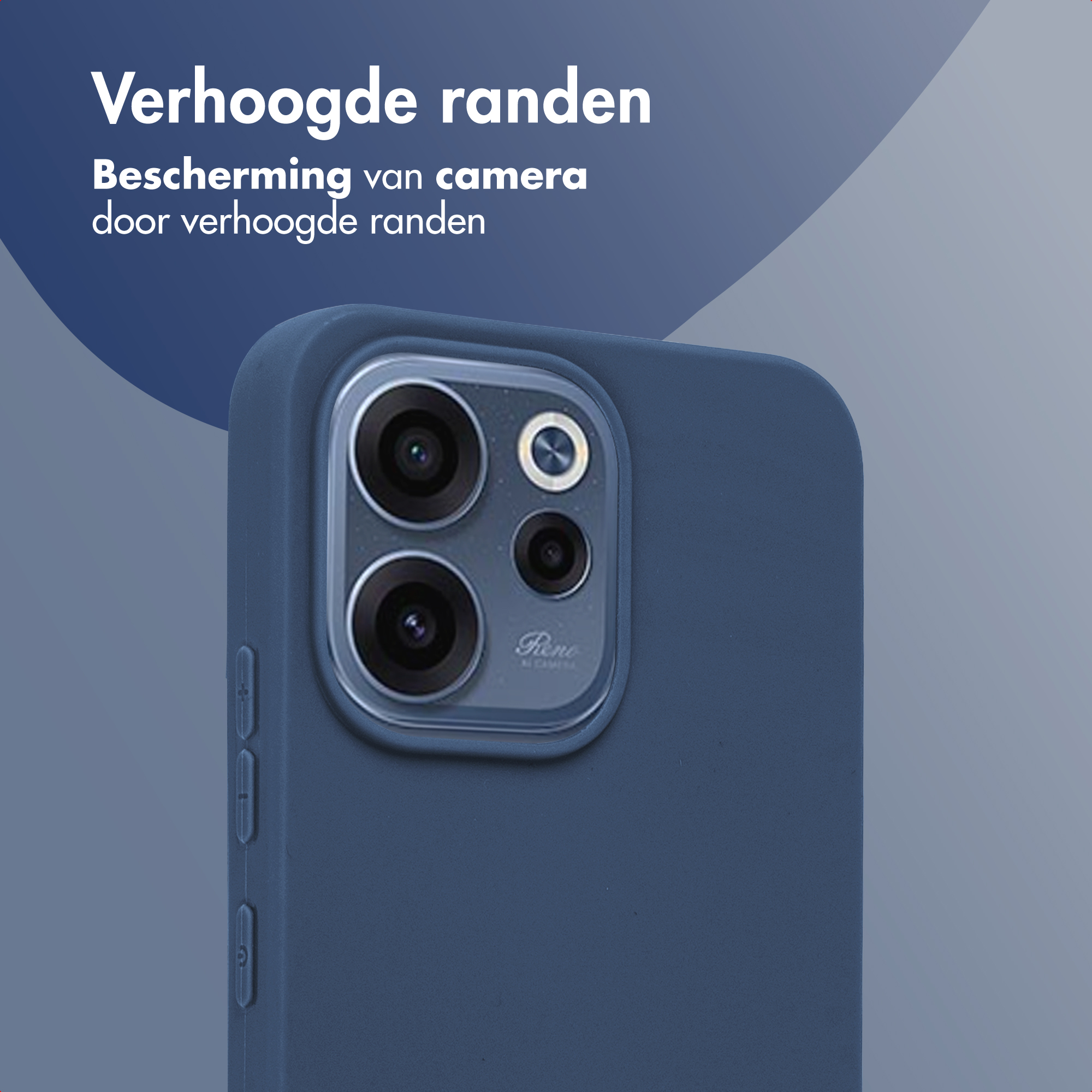 Donkerblauwe telefoonhoes toont cameramodule met drie lenzen en tekst.