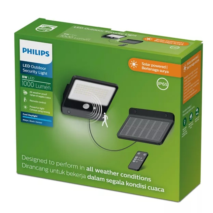 Güneş panelli ve uzaktan kumandalı Philips LED dış mekan güvenlik lambası kutusu.