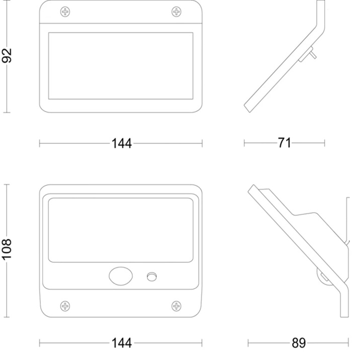 144x92 mm ve 144x108 mm boyutlarında bir aydınlatma armatürünün teknik çizimi.