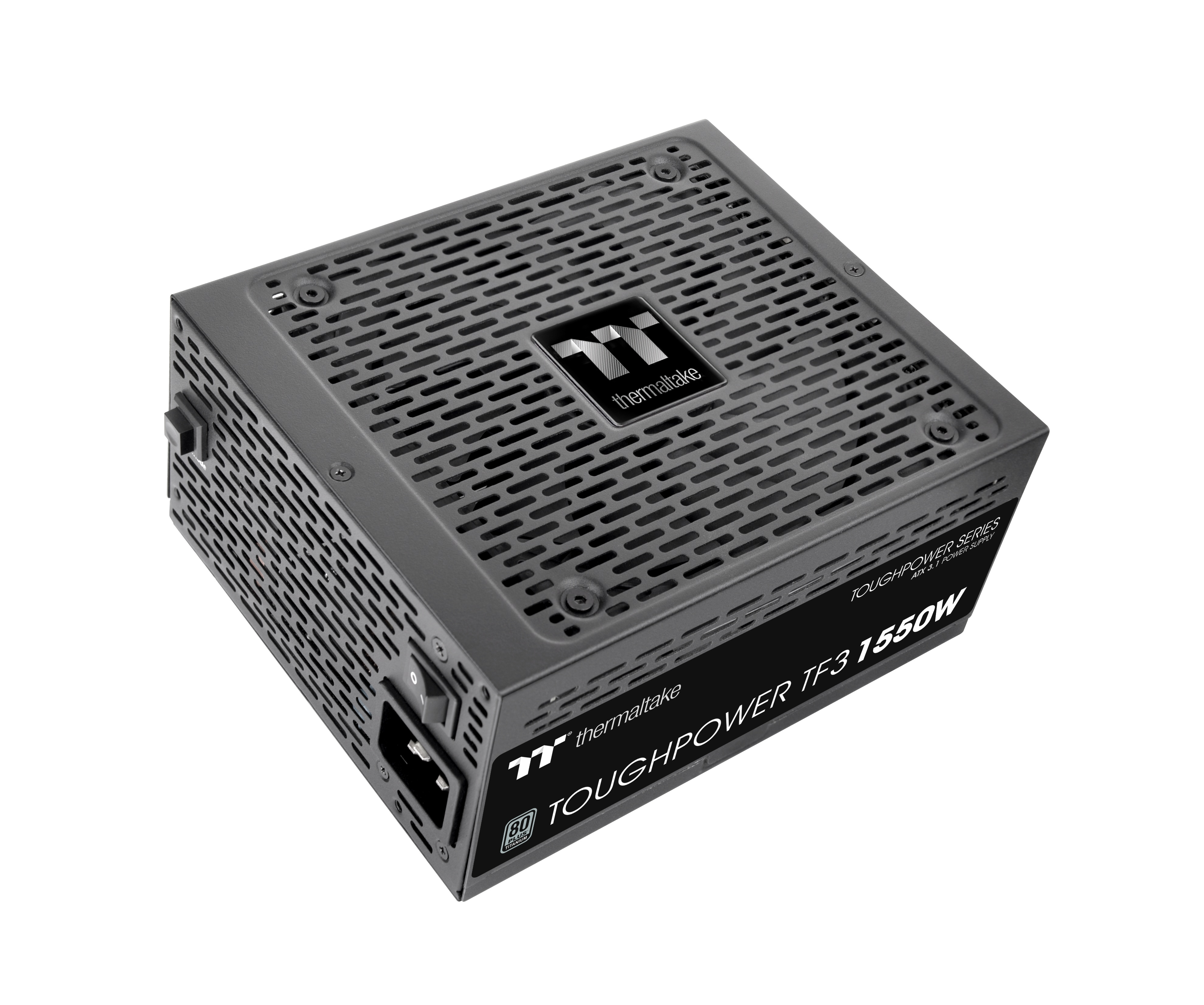 Un alimentatore Thermaltake grigio con griglia di ventilazione ed etichette.
