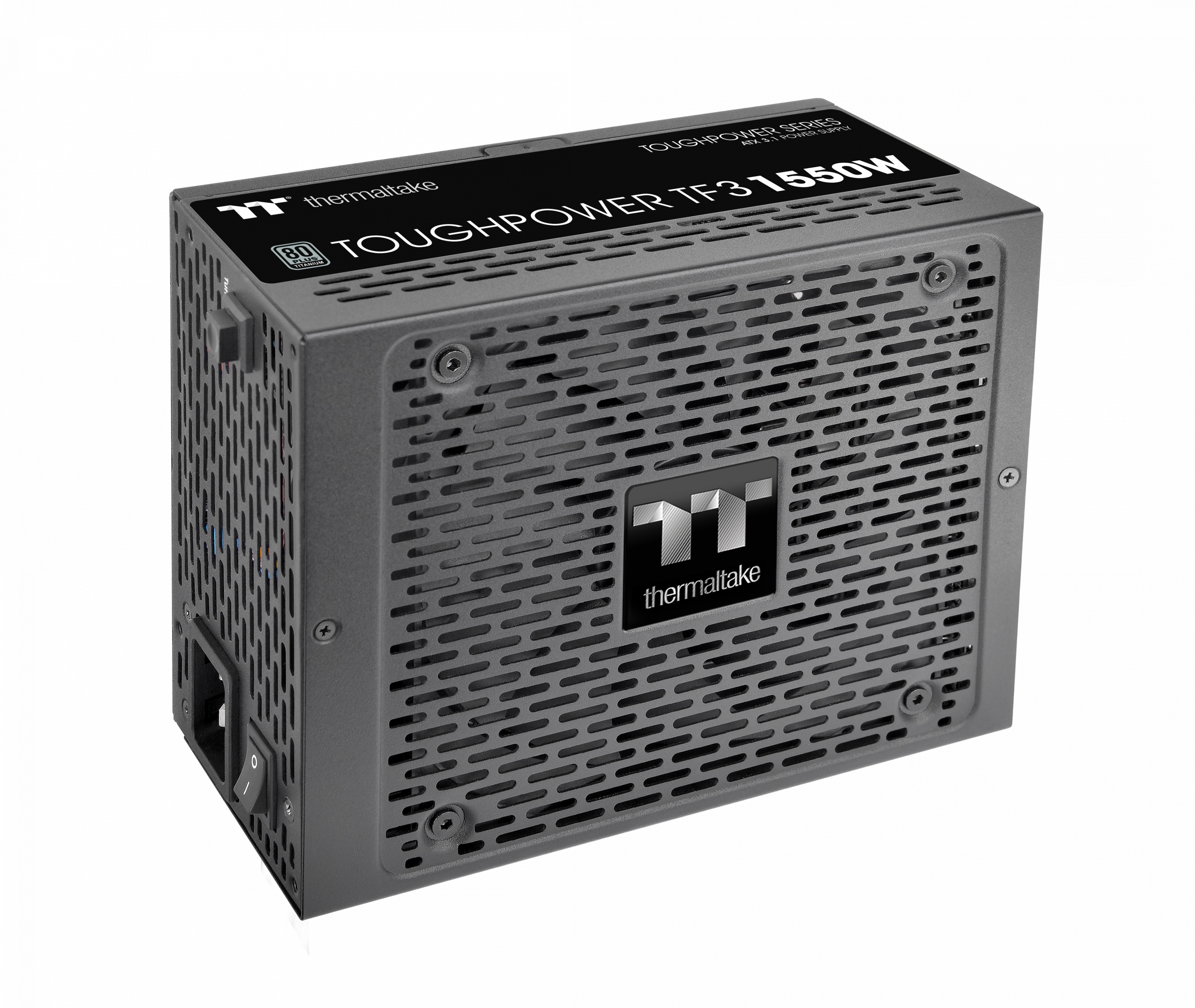 Alimentatore Thermaltake grigio con griglia e logo.