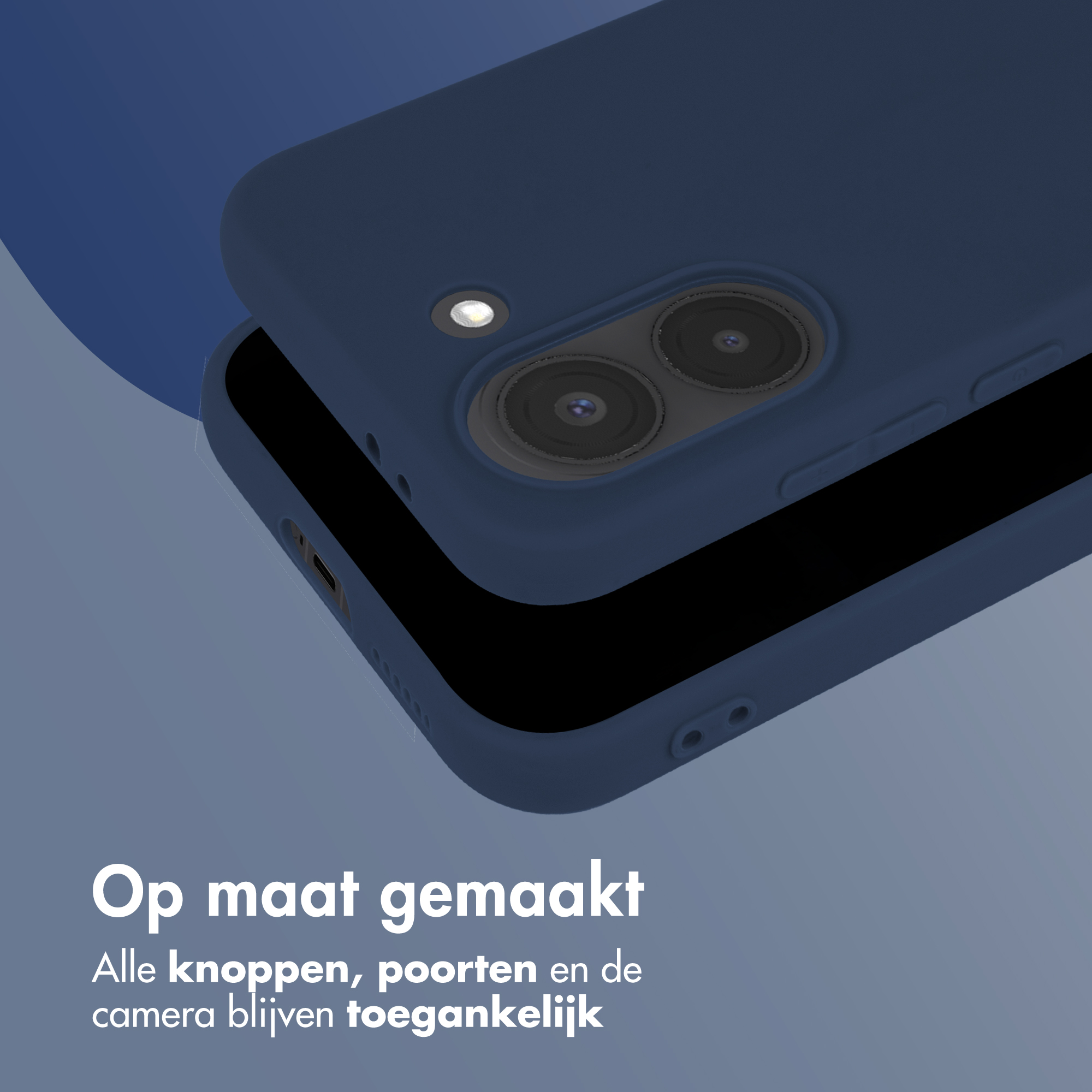 Donkerblauwe telefoonhoes met cameralenzen en flitser.