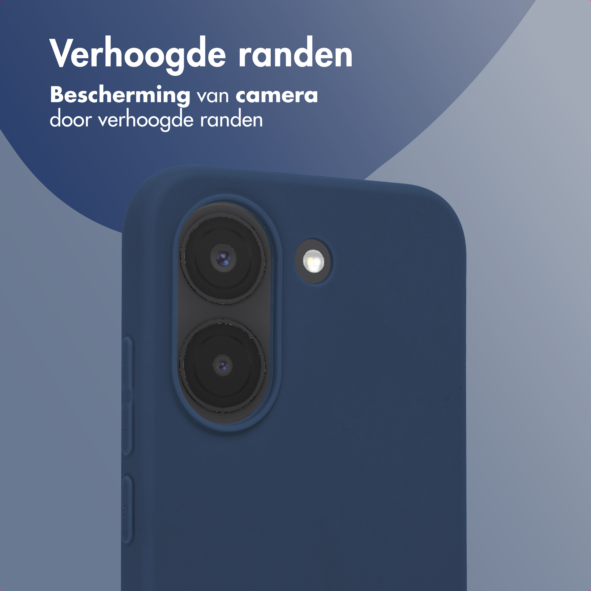 Blauw telefoonhoesje met twee camera's en flitser. Tekst over verhoogde randen.