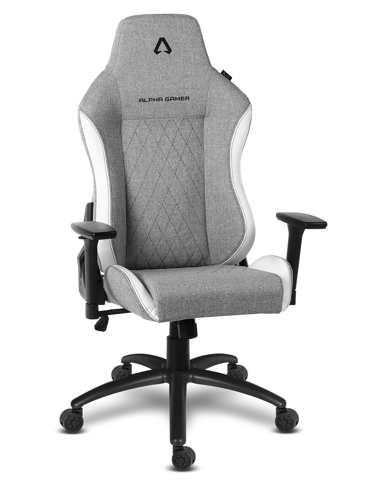 Silla gamer gris con detalles blancos, base negra y ruedas.