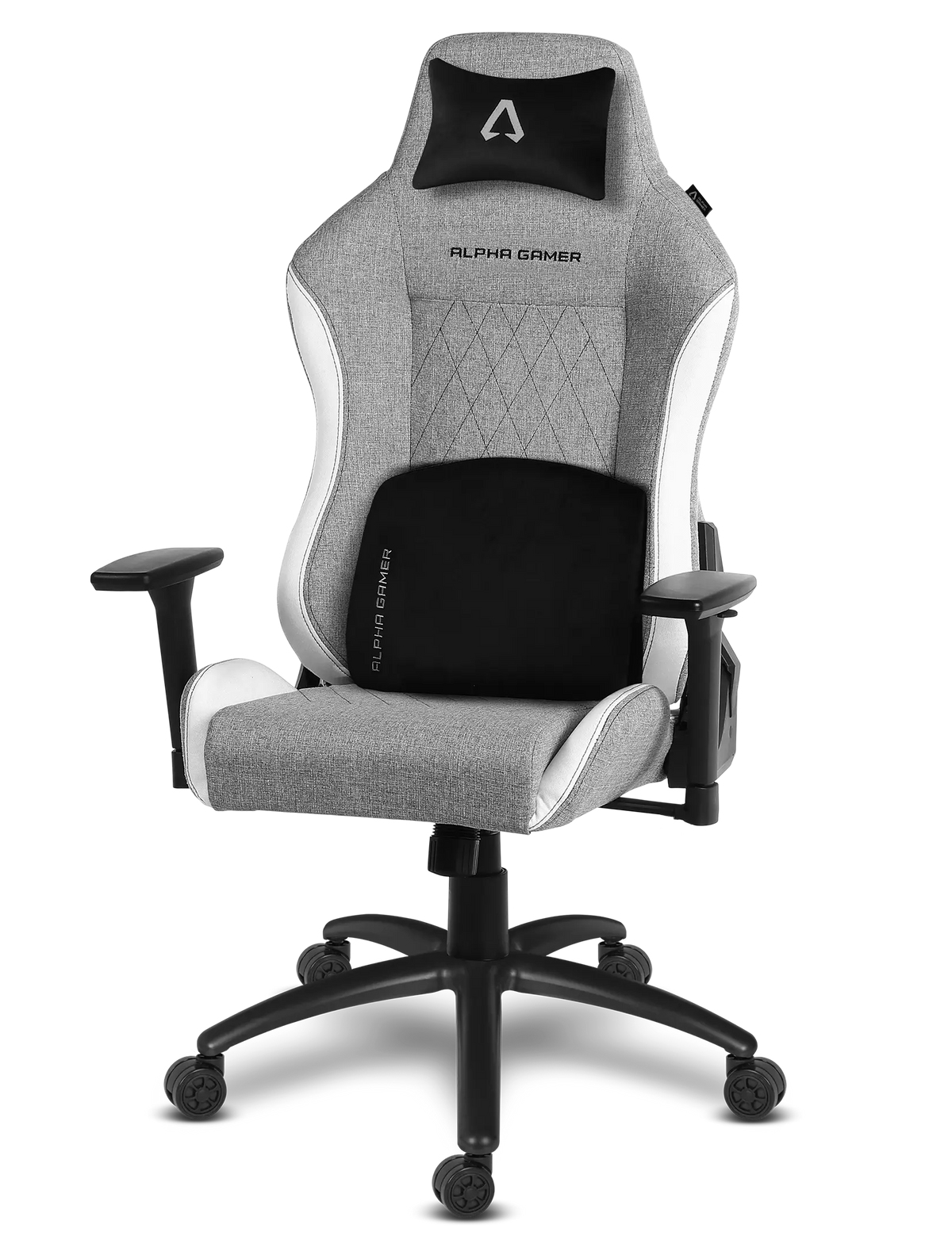 Una silla ergonómica Alpha Gamer gris y blanca con cojín lumbar y reposacabezas negros.