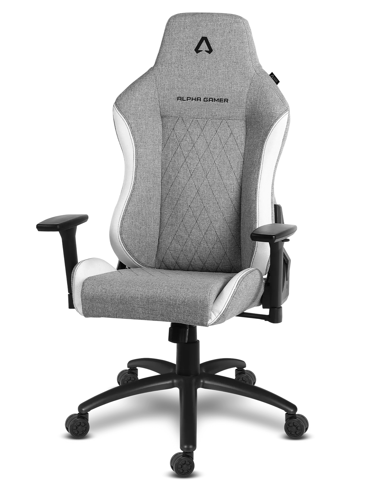 Silla gamer gris con detalles blancos y base negra con ruedas.