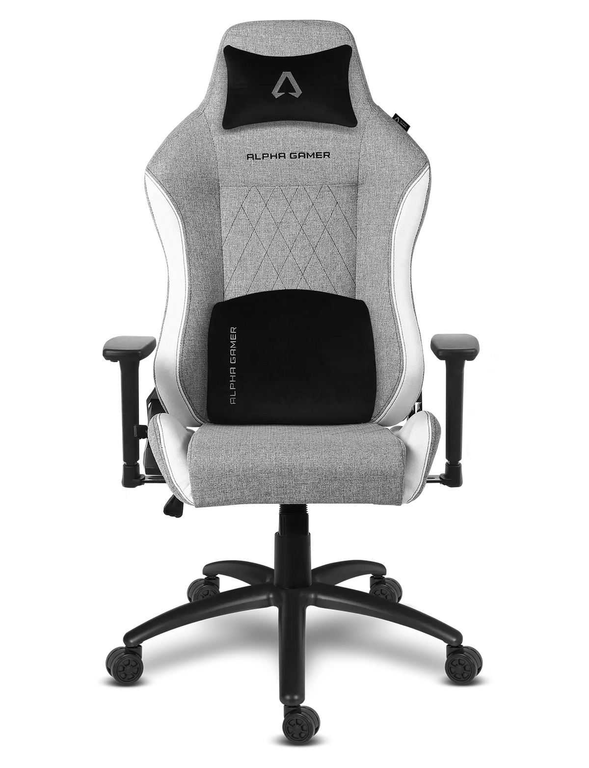 Silla gamer gris con cojines negros y detalles plateados, sobre fondo blanco.